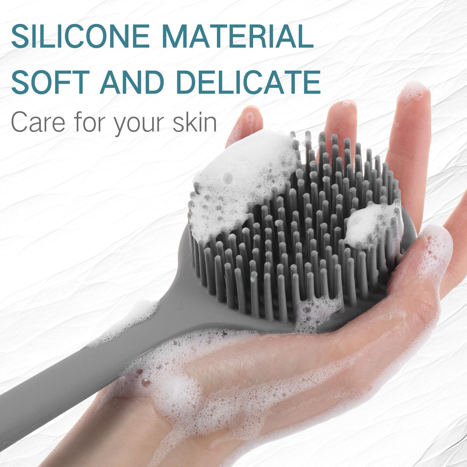Sunnyray 2 Pack 15 Inch Soft Silicone Back Scrubber With Long Handle, Scrubber Anti Slip For Shower, Bath Body Brush, Improved Skin Health Can Produce Foam For Men And Women(Grey)