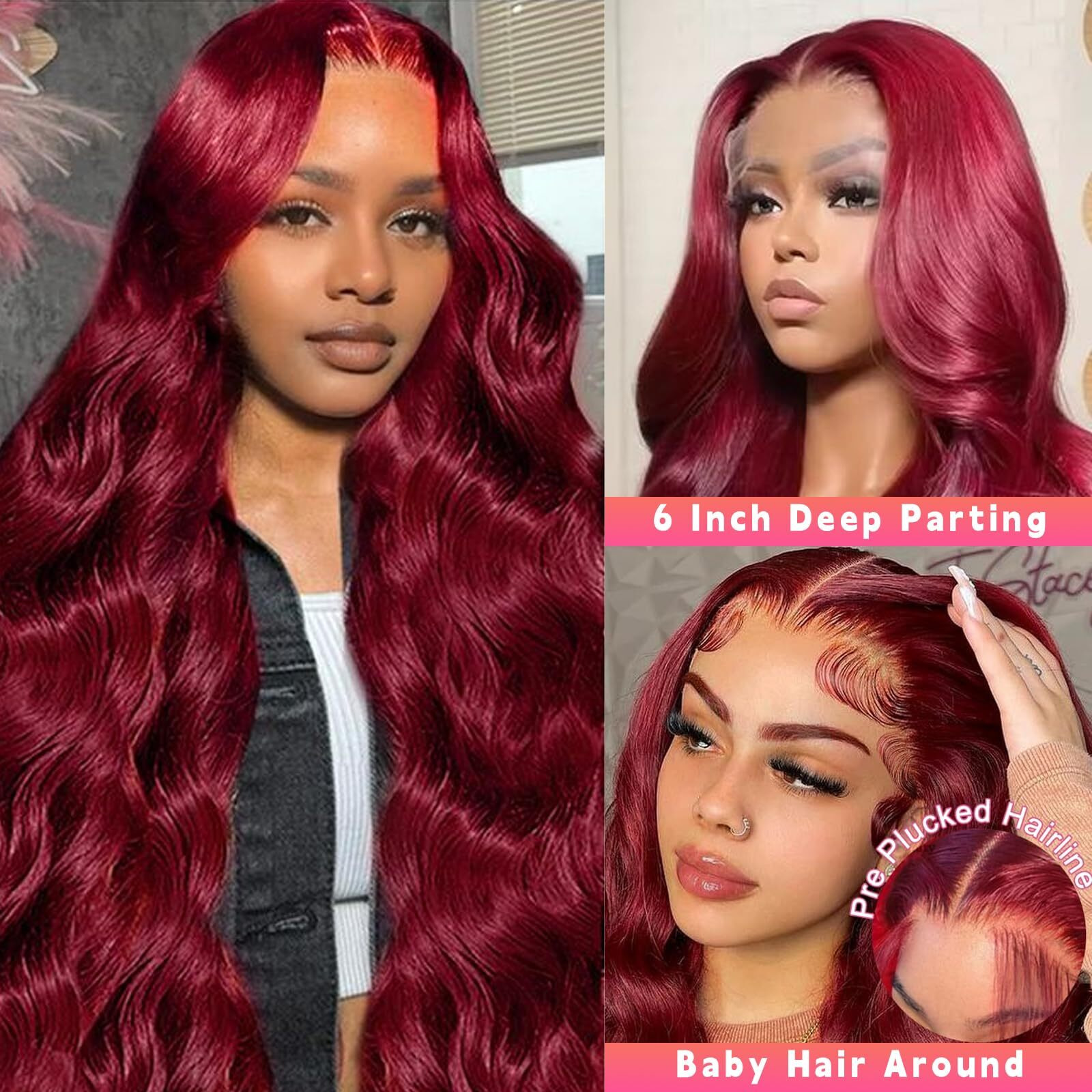 Geomone 30 Inch 99J Burgundy Wig Human Hair 200 Density 13X6 Hd Lace Front Wigs Human Hair Pre Plucked Body Wave Wigs 99J Burgundy Frontal Wigs Human Hair