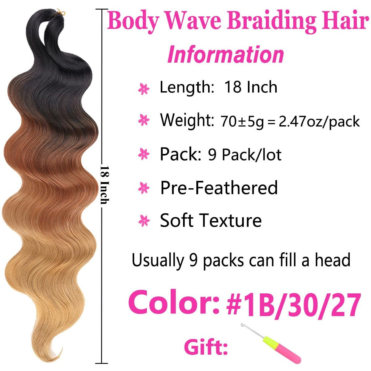 Cookoo 9 Packs Body Wave Braiding Hair 18 Inch Pre-Feathered Ombre 3 Tones Bouncy French Curl Wavy Braiding Hair Wavy Texture Braiding Synthetic Hair Extensions For Boho Box Braids(1B/30/27)