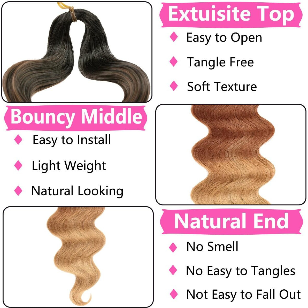 Cookoo 9 Packs Body Wave Braiding Hair 18 Inch Pre-Feathered Ombre 3 Tones Bouncy French Curl Wavy Braiding Hair Wavy Texture Braiding Synthetic Hair Extensions For Boho Box Braids(1B/30/27)