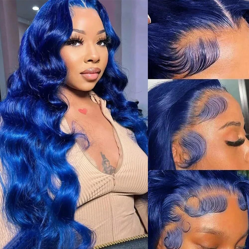 30 Inch Dark Blue Lace Front Wigs Human Hair Body Wave Navy Blue 13X4 Hd Lace Frontal Wig Wear And Go Glueless Royal Blue Wigs Human Hair Pre Plucked With Babyhair Blue Colored Wigs For Black Women
