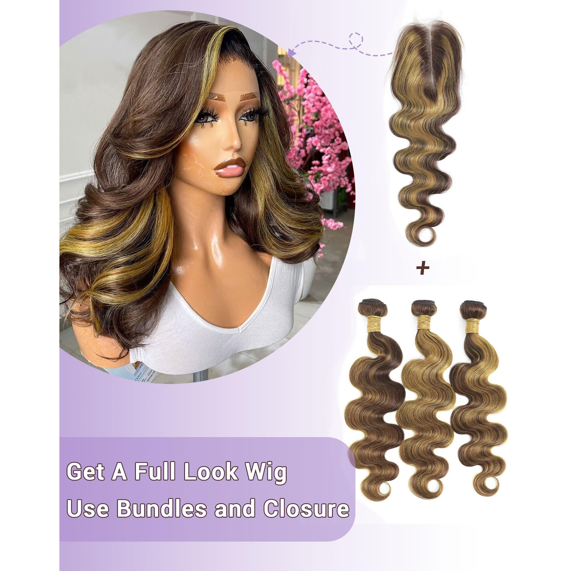 Dsekcain Highlight Yellow Golden Blonde On Chocolate Brown Color Body Wave Human Hair Bundles 100% Real Virgin Human Hair 3 Bundles Body Wave 16 18 20 Inch Colored Sew In Quick Weave