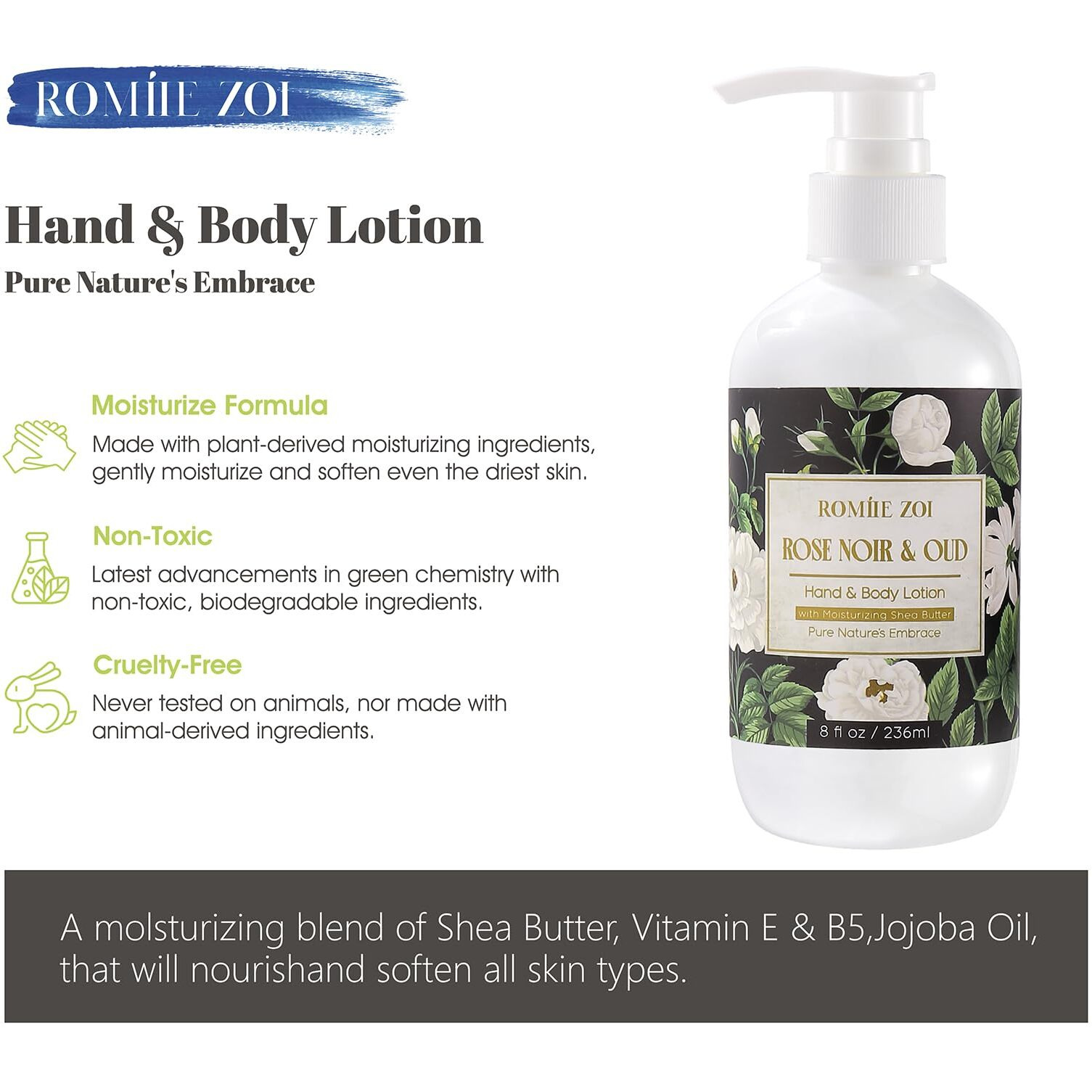 Romiie Zoi Daily Hand & Body Lotion With Moisturizing Shea Butter - Rose Noir & Oud - 236 Ml / 8 Fl Oz