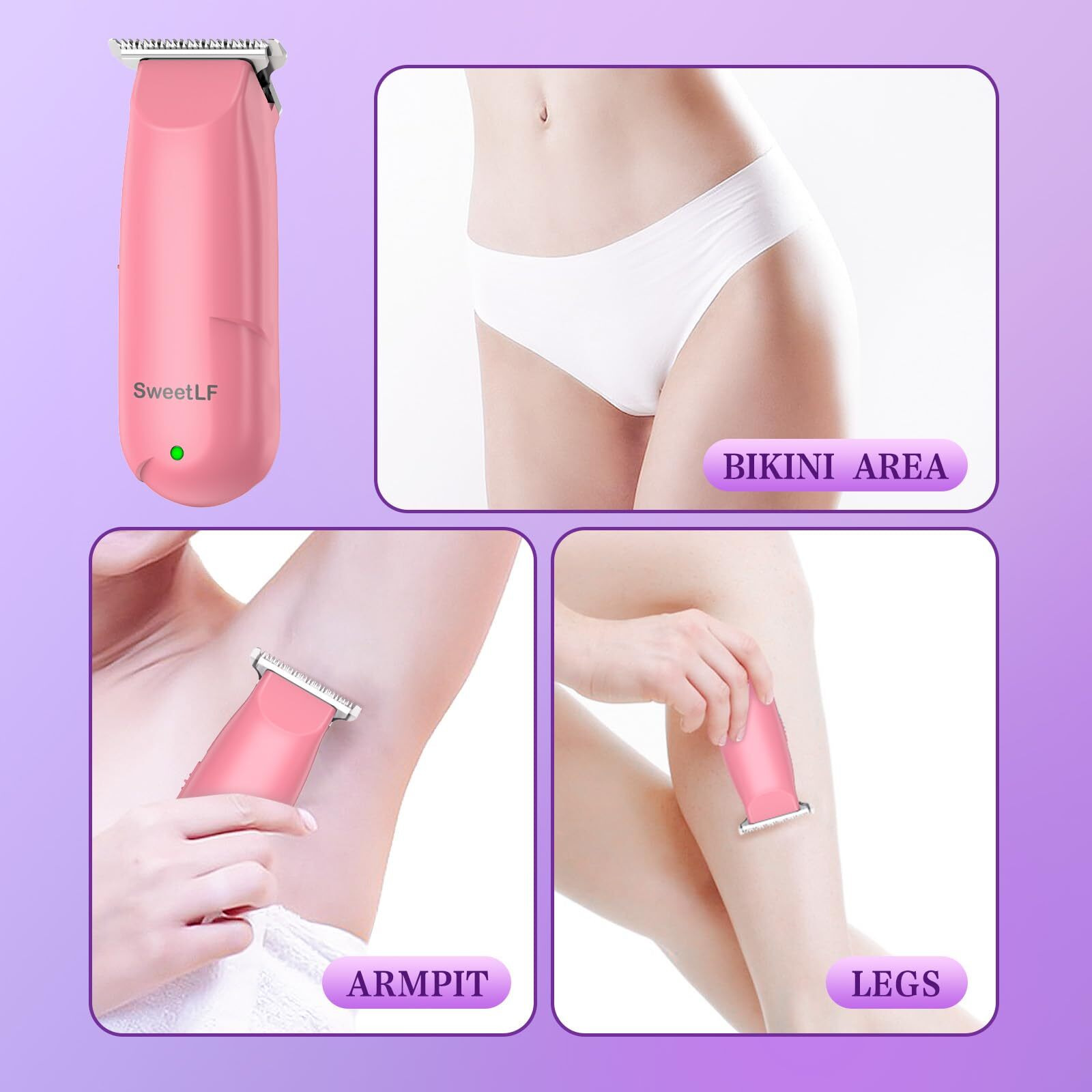 Sweetlf Bikini Trimmer For Women-Pubic Hair Trimmer For Women's Legs, Arms & Bikini Line, Body Hair Trimmer With 3 Guards, Type-C Charging, Portable, Pink