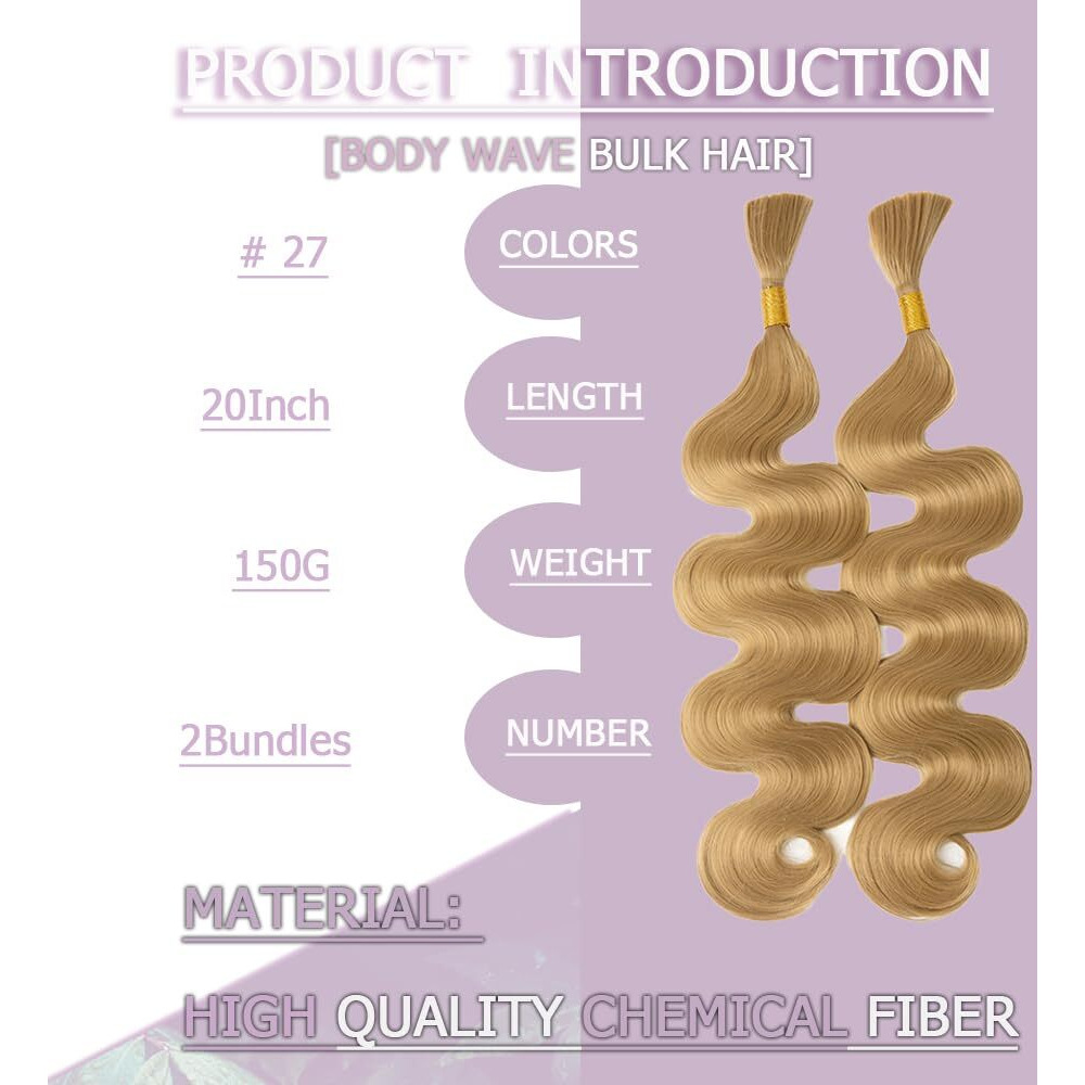 Body Wave Braiding Hair For Boho Braids Bohemian 20 Inch Body Wave Curly Bulk For Braiding No Weft 2 Bundles 150G 27