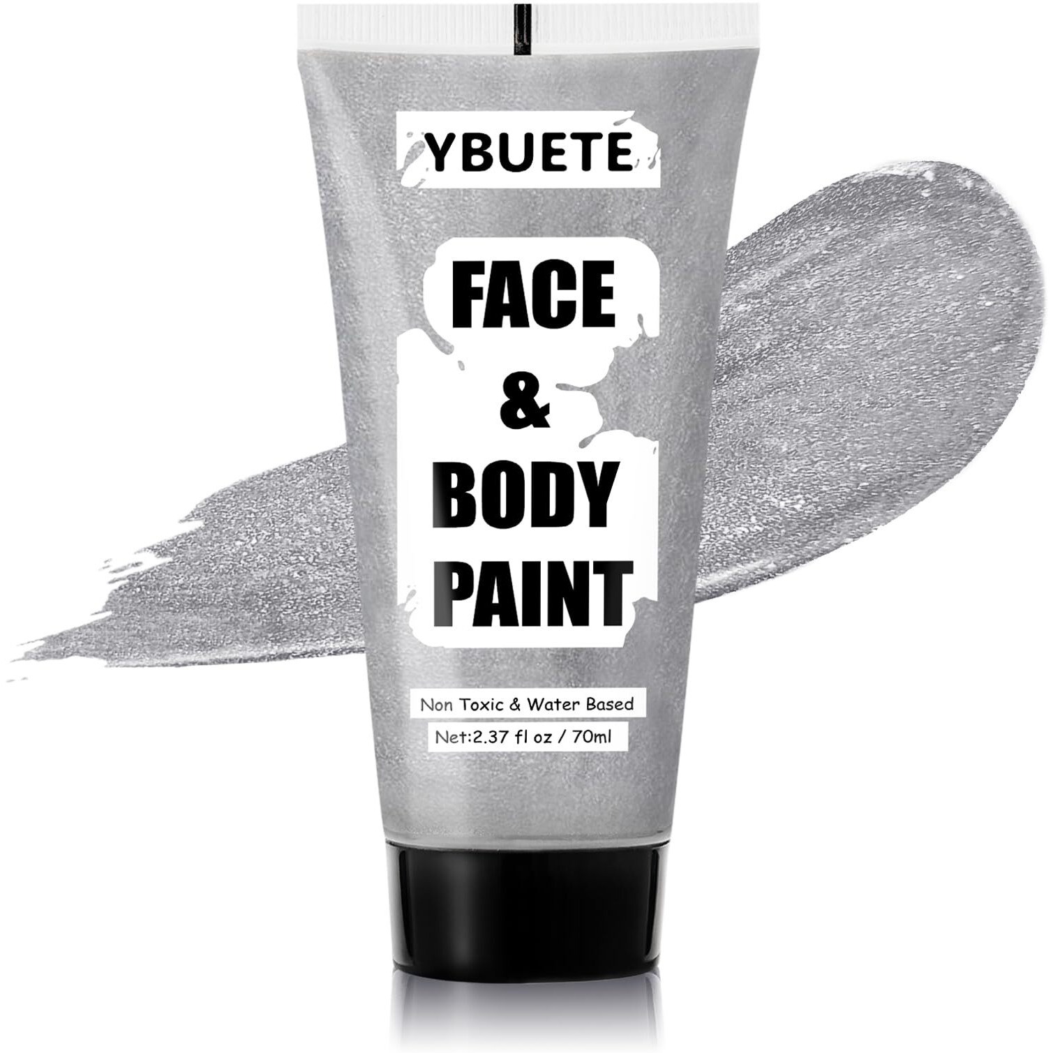 Ybuete Sliver Water Based Face Body Paint, 2.37 Oz Large Tube Full Coverage Face Paint For Skull Goth Cosplay, Washable Metallic Silver Body Painting Cream For Adult Carnival Halloween Sfx Makeup
