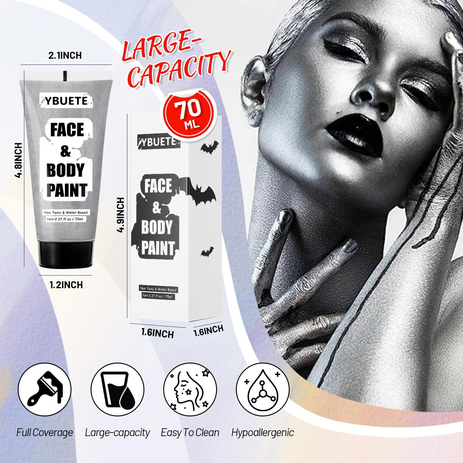Ybuete Sliver Water Based Face Body Paint, 2.37 Oz Large Tube Full Coverage Face Paint For Skull Goth Cosplay, Washable Metallic Silver Body Painting Cream For Adult Carnival Halloween Sfx Makeup