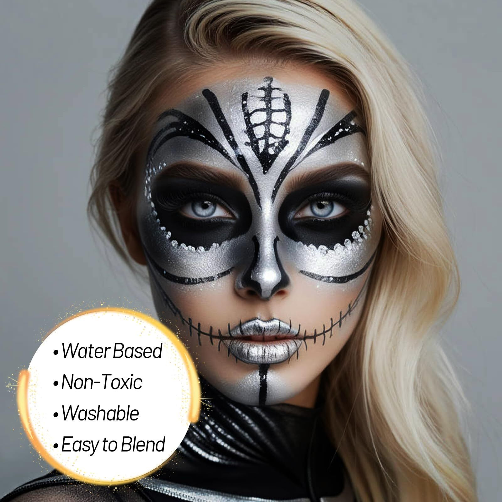 Ybuete Sliver Water Based Face Body Paint, 2.37 Oz Large Tube Full Coverage Face Paint For Skull Goth Cosplay, Washable Metallic Silver Body Painting Cream For Adult Carnival Halloween Sfx Makeup