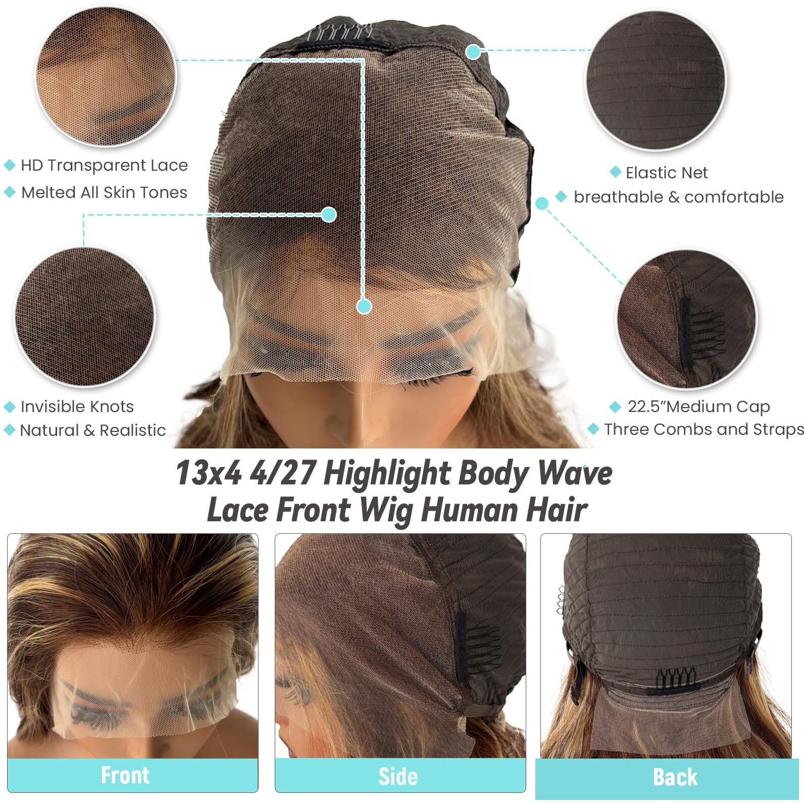 13X4 Highlight Body Wave Lace Front Wigs Human Hair 180% Density 4/27 Ombre Brown To Honey Blonde Wig Human Hair 26 Inch Hd Transparent Highlights Brown And Blonde Body Wave Wigs For Women