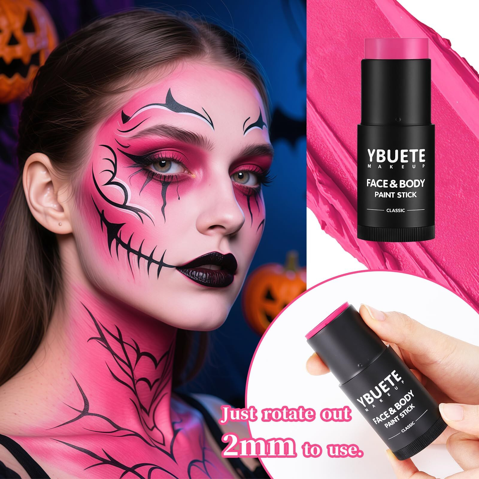Ybuete Pink Face Body Painting Stick, Professional Full-Coverage Cream Pink Face Paint For Halloween Sfx Makeup Clown Costume Party, Washable Bright Eye Cheek Art Stick For Adult Festival Carnival
