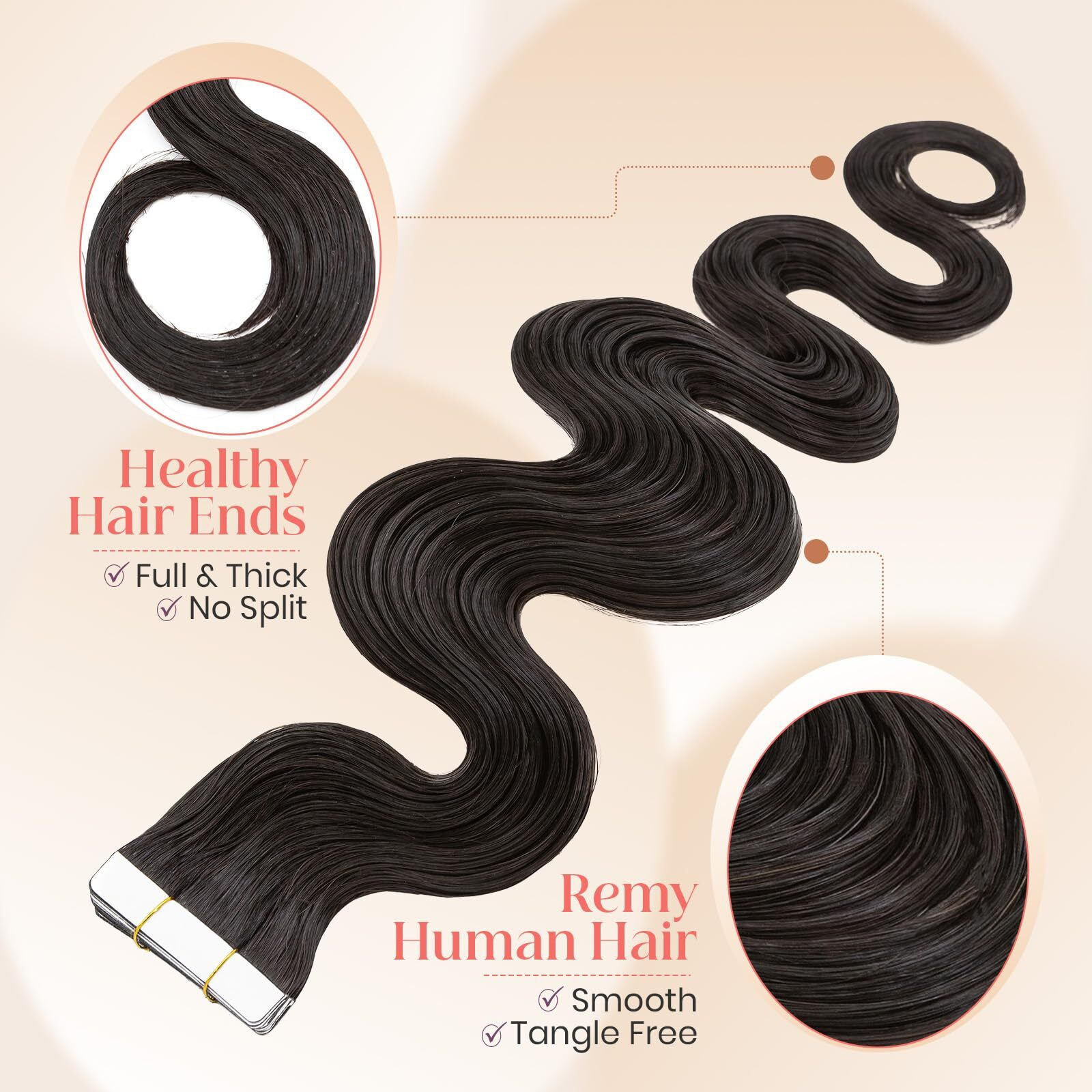 Elailite Wavy Tape In Hair Extensions Human Hair Body Wave Real Remy Hairpieces Natural Black 22 Inch 50G 20Pcs Invisible Seamless Skin Weft Best Tape For Women