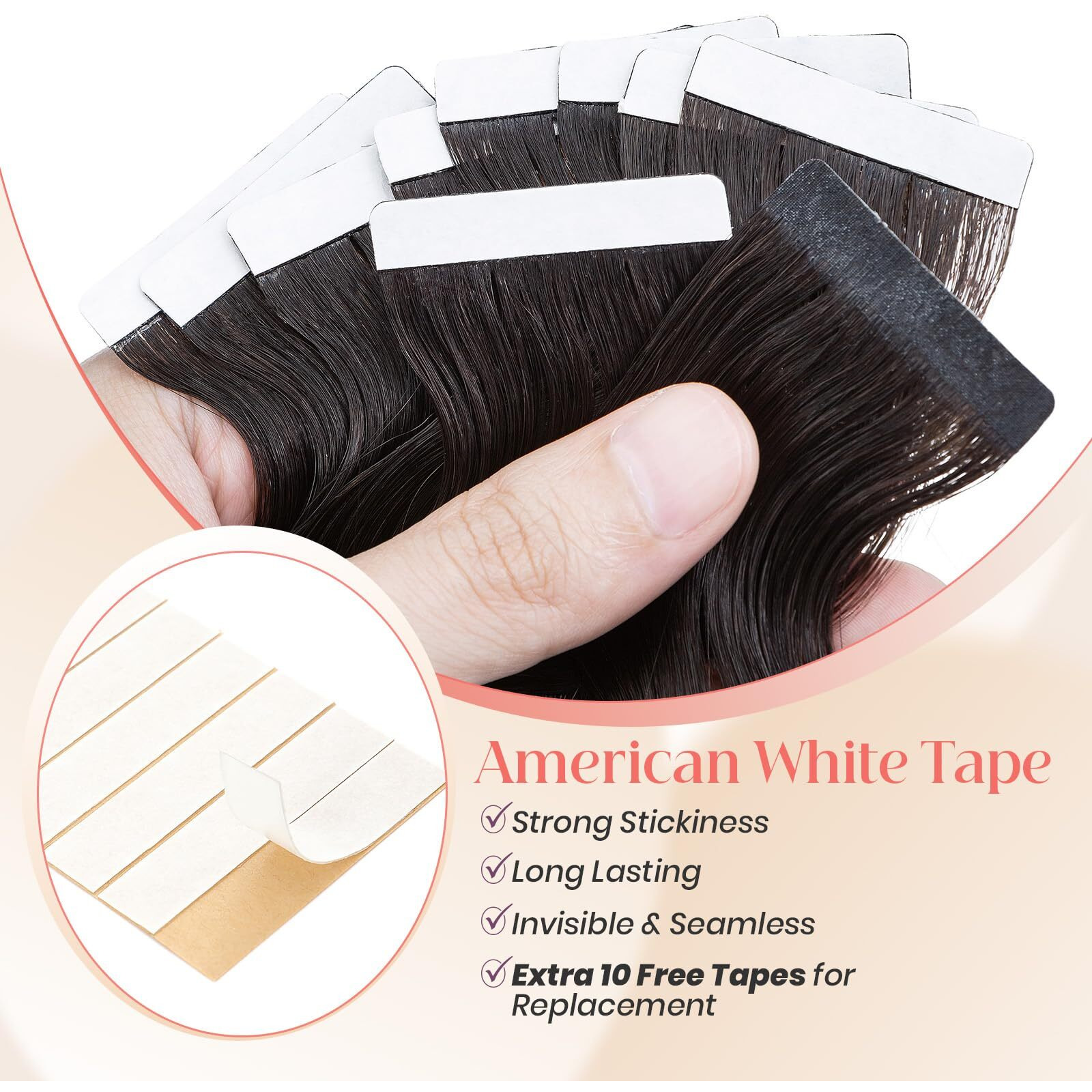 Elailite Wavy Tape In Hair Extensions Human Hair Body Wave Real Remy Hairpieces Natural Black 22 Inch 50G 20Pcs Invisible Seamless Skin Weft Best Tape For Women