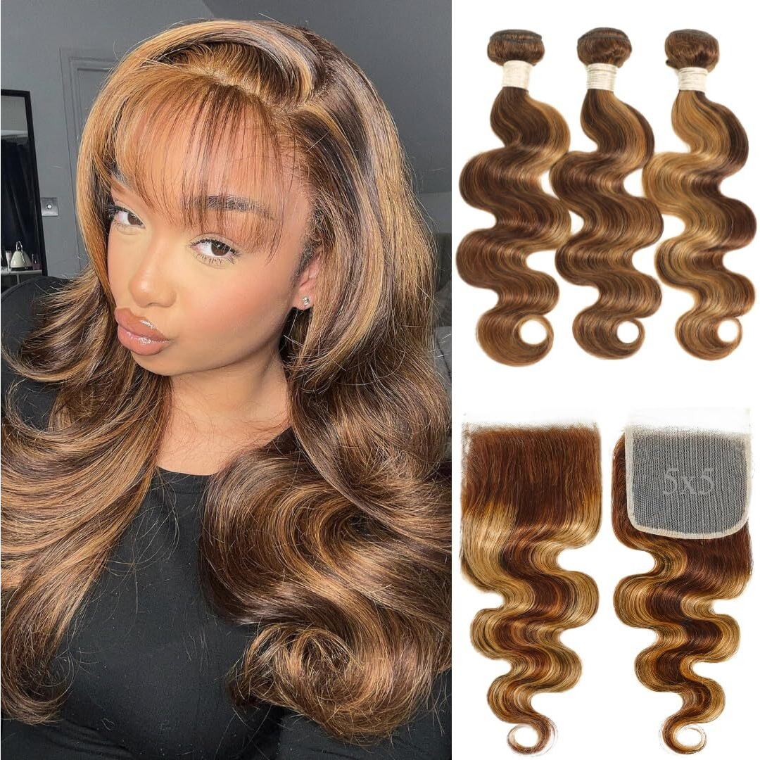 Alher 4/27 Honey Blonde Highlight 3 Bundles With 5X5 Lace Closure (16 18 20 + 16) Body Wave Bundles With Closure Balayage Ombre Brown Human Hair