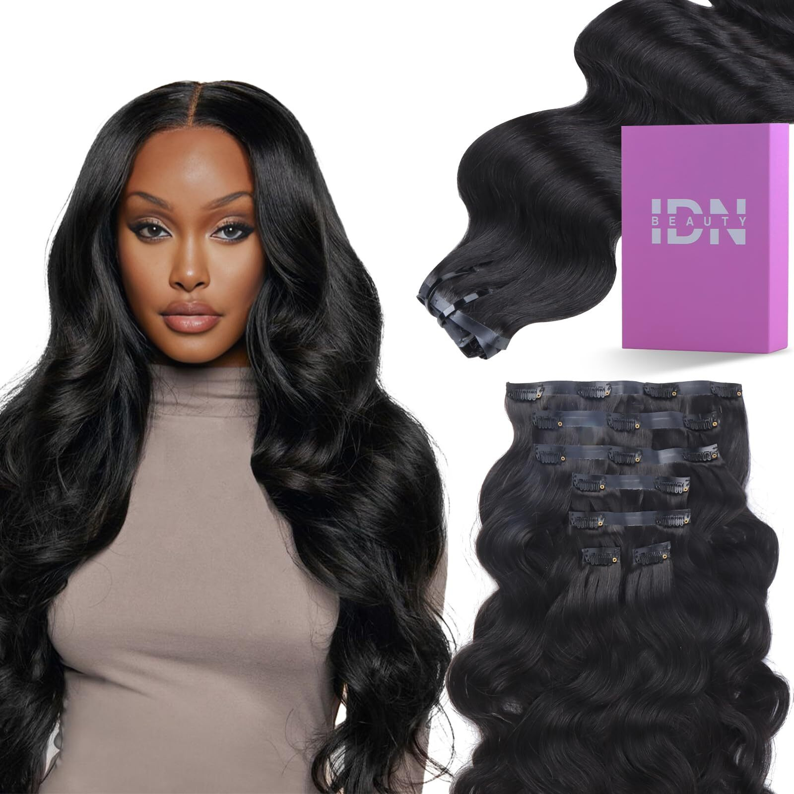 Idn Beauty Seamless Clip In Hair Extensions Human Hair, 120G 24 Inch Natural Black Real Virgin Human Hair Body Wave Seamless Clip Ins For Black Women Pu Weft Invisible Edge 7Pcs Thick Enhancement