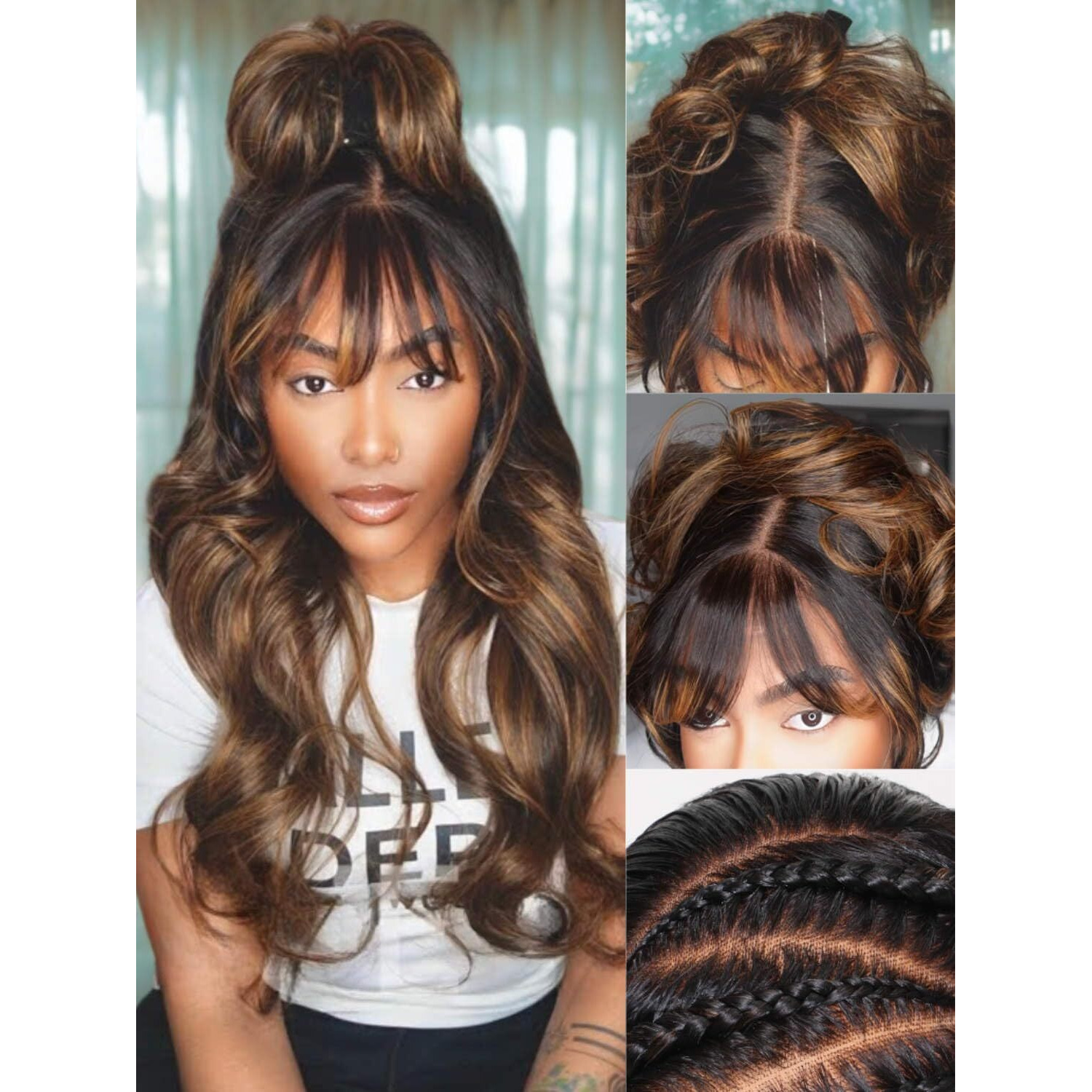 Beauty Forever Bye Bye Knots Balayage Brown Highlight Body Wave Curtain Bangs Glueless Wigs Human Hair Pre Plucked Pre Cut 7X5 Loose Wave Lace Closure Wear Go Drawstring Wig 180% Density 16Inch