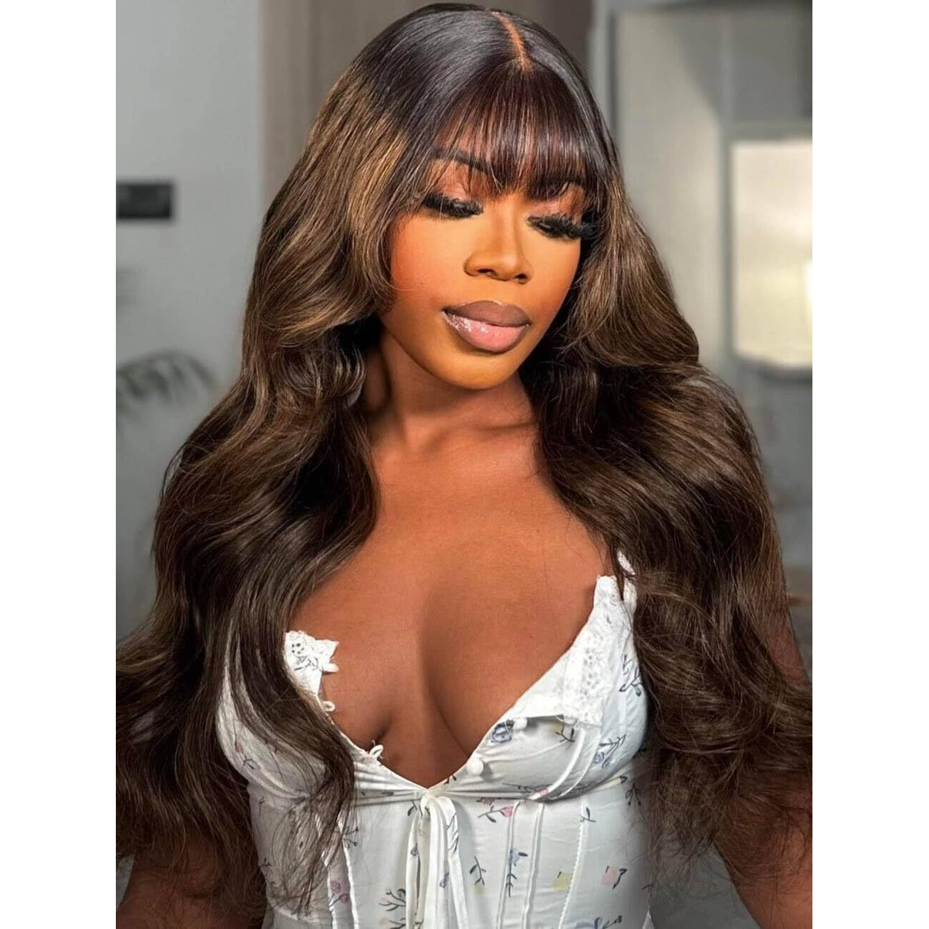 Beauty Forever Bye Bye Knots Balayage Brown Highlight Body Wave Curtain Bangs Glueless Wigs Human Hair Pre Plucked Pre Cut 7X5 Loose Wave Lace Closure Wear Go Drawstring Wig 180% Density 16Inch