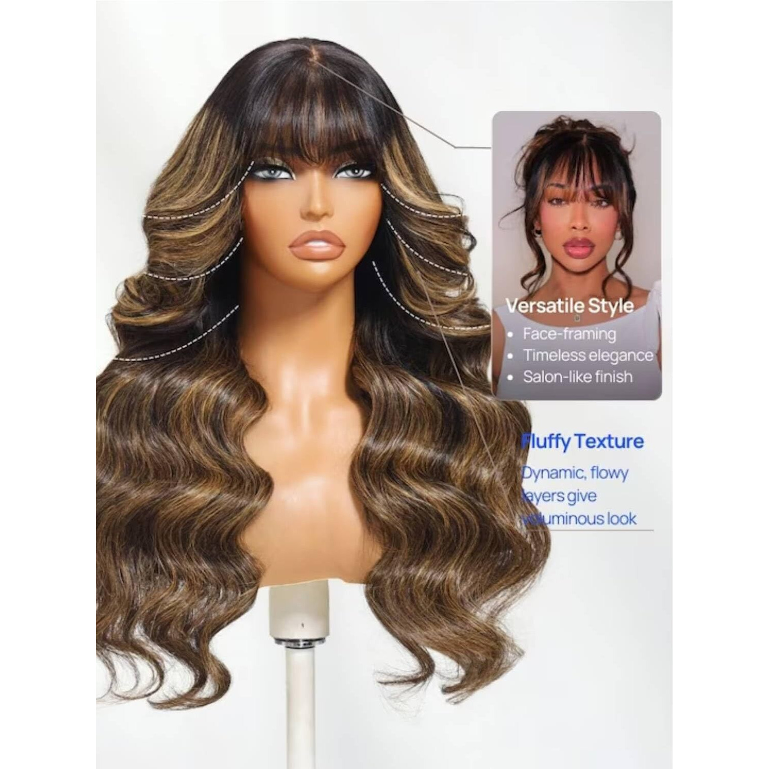 Beauty Forever Bye Bye Knots Balayage Brown Highlight Body Wave Curtain Bangs Glueless Wigs Human Hair Pre Plucked Pre Cut 7X5 Loose Wave Lace Closure Wear Go Drawstring Wig 180% Density 16Inch