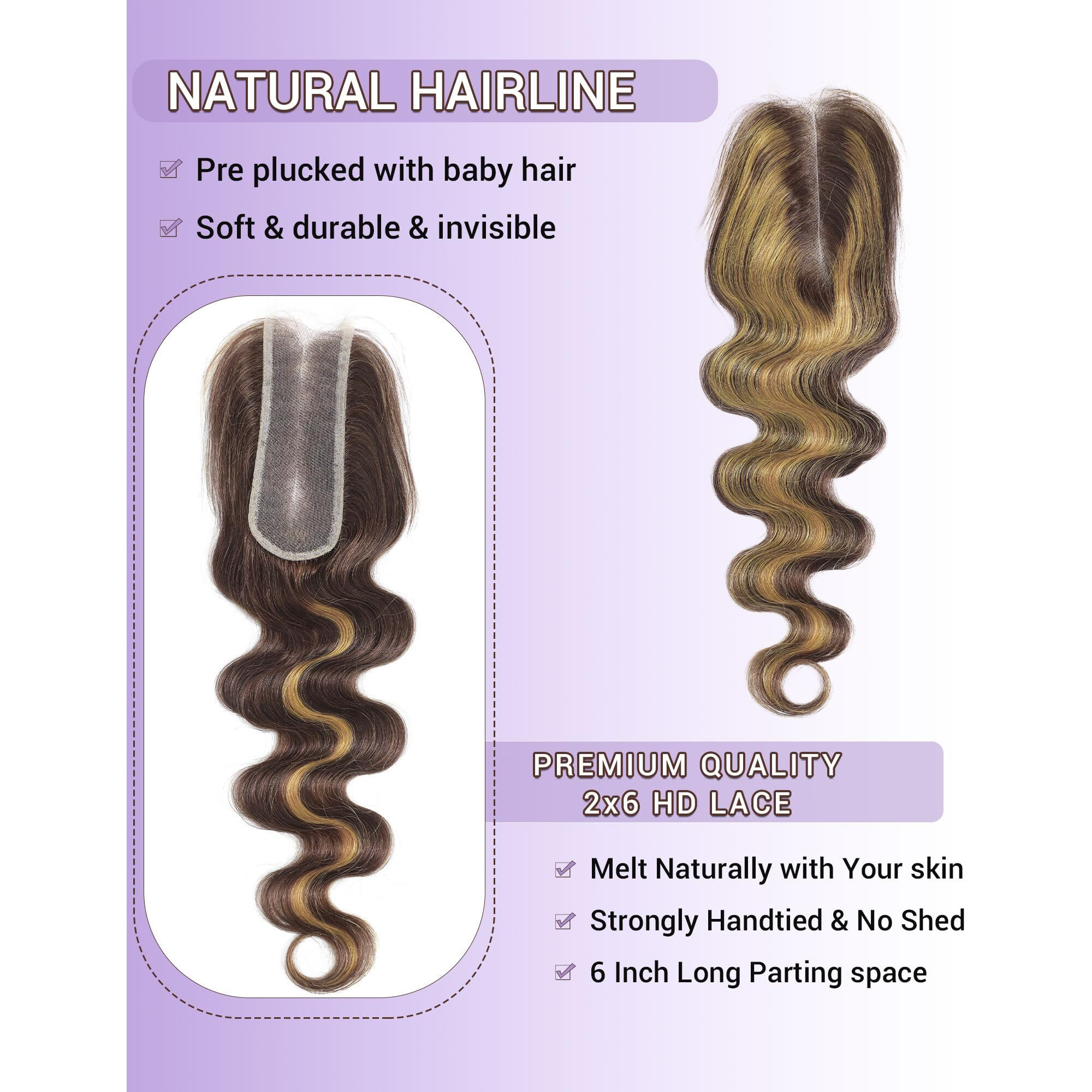 Dsekcain Highlight Yellow On Brown Color 2X6 Hd Lace Closure Human Hair Body Wave Transparent Lace Closure 2X6 Long Middle Part 100% Raw Virgin Human Hair 20 Inch 150% Density
