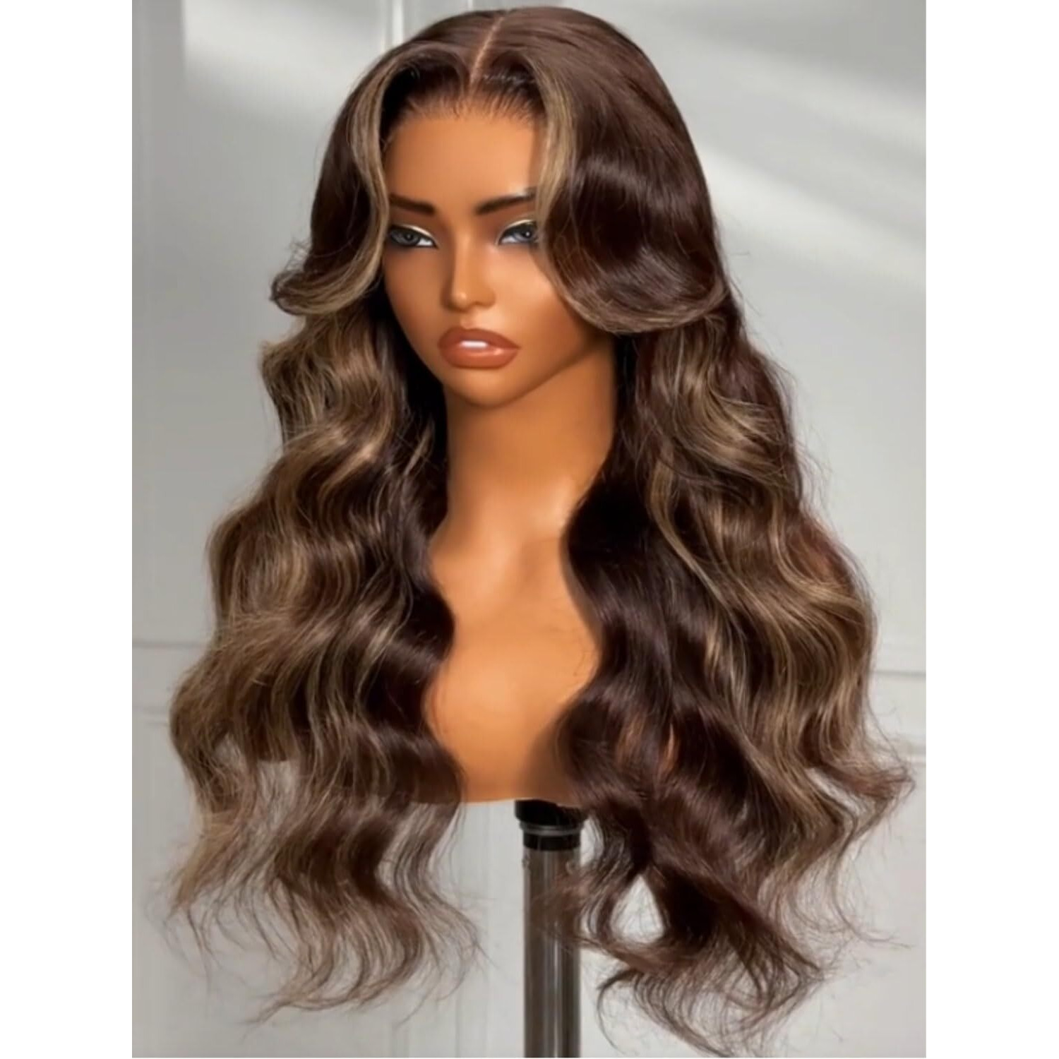 Beauty Forever Bye Bye Knots Body Wave Glueless Wig Rich Chocolate Brown With Highlights Fluffy Layers Curtain Bangs 7X5 Lace Closure Pre Cut Pre Plucked Human Hair Wear Go Wig 150% Density 16Inch