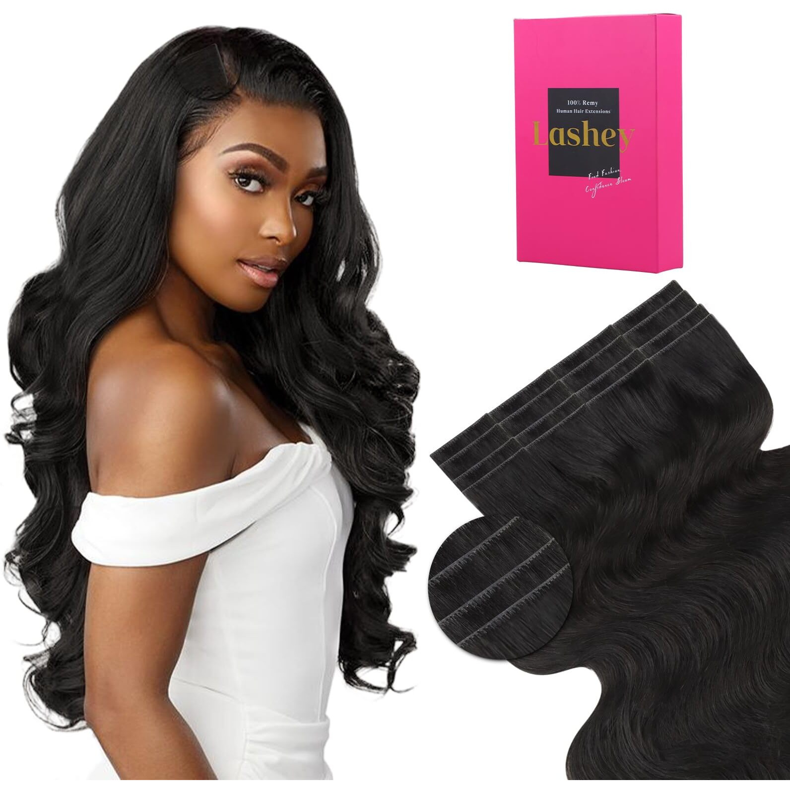 Lashey Invisi Edge Tape In Hair Extensions Human Hair, Natural Black 18 Inch 50G 20Pcs Body Wave Injected Tape In Hair Extensions Seamless Real Virgin Human Hair For Women