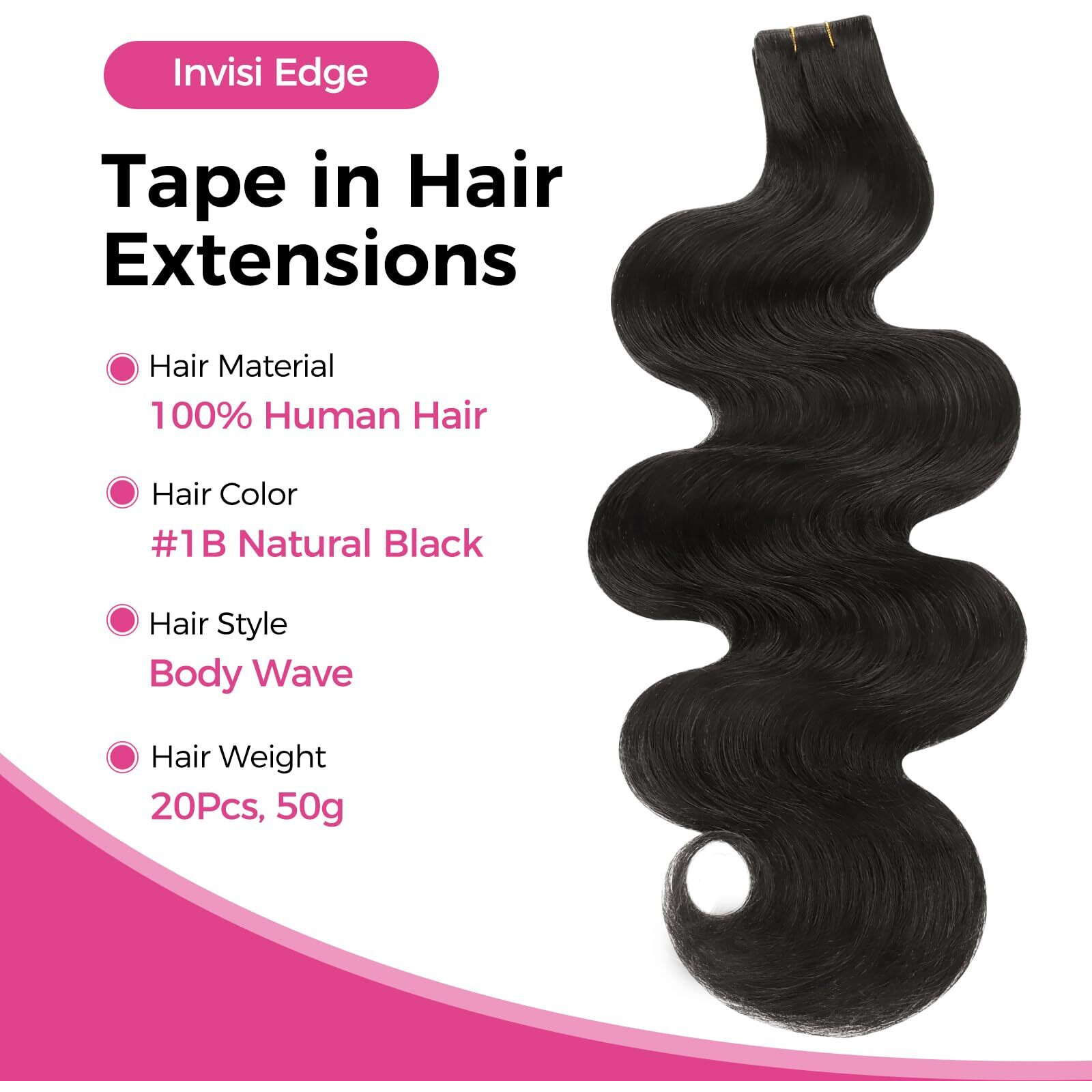 Lashey Invisi Edge Tape In Hair Extensions Human Hair, Natural Black 18 Inch 50G 20Pcs Body Wave Injected Tape In Hair Extensions Seamless Real Virgin Human Hair For Women