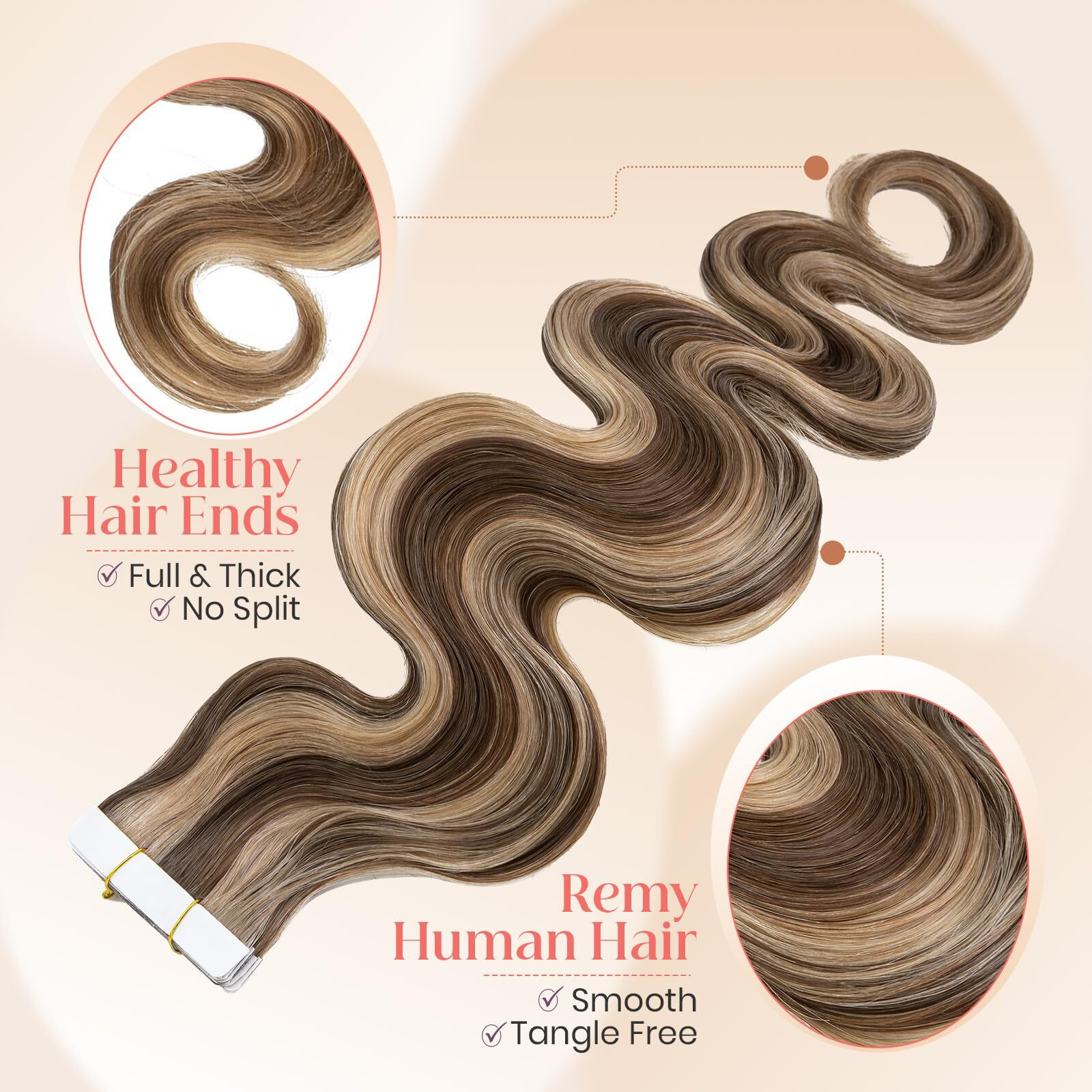 Elailite Wavy Tape In Hair Extensions Human Hair Body Wave Real Remy Hairpieces Medium Brown & Dark Blonde 16 Inch 50G 20Pcs Invisible Seamless Skin Weft Best Tape For Women