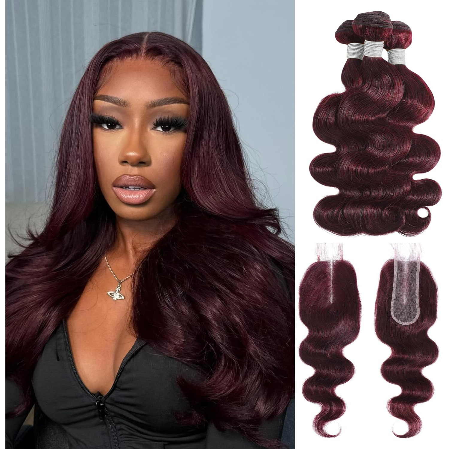 Alher 99J Dark Burgundy Body Wave Bundles With 2X6 Closure, Purplish Wine Red Color 3 Bundles With 2X6 Long Deep Part Closure With Baby Hair, 100% Real Human Hair 10 12 14 +10 Inch