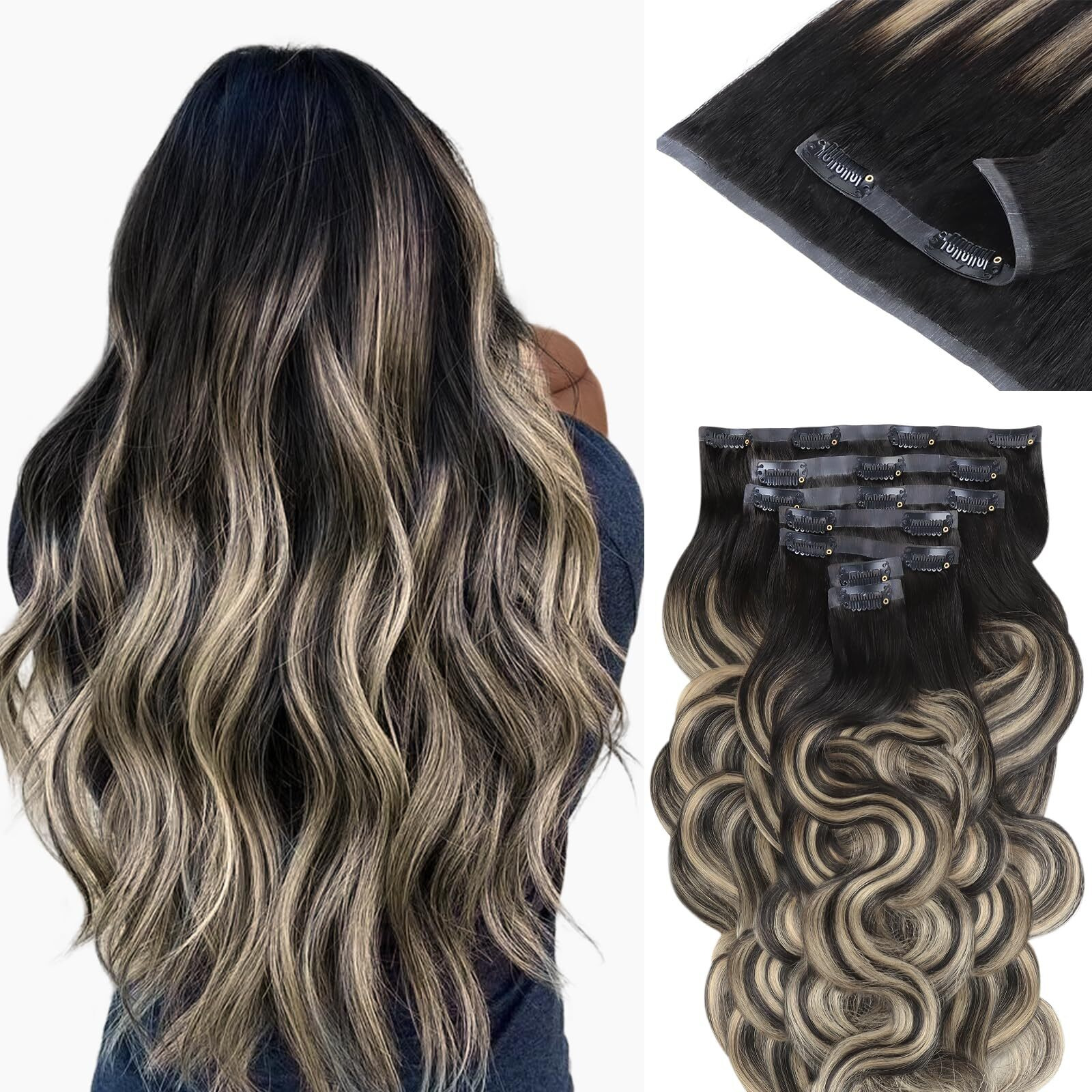 Idn Beauty Seamless Clip In Hair Extensions Human Hair, 110G 18 Inch, 1B/19/1B Natural Black To Light Blonde Remy Hair Body Wave Seamless Clip Ins For Black Women Pu Weft Invisible Edge 7Pcs