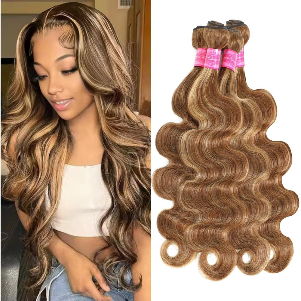 Yisea Highlight Bundles Human Hair Body Wave (14 16 18 20 Inch) 4/27 Ombre Blonde Brown Human Hair Body Wave Bundles Natural Brazilian Virgin Hair For Black Women