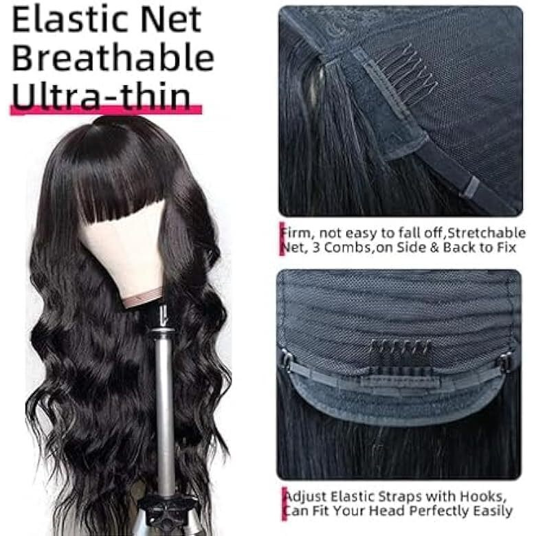 Roseline Body Wave Wigs With Bangs Human Hair Wigs For Black Women None Lace Front Wigs 150% Density Brazilian Virgin Hair Glueless Wig Natural Color 24Inch