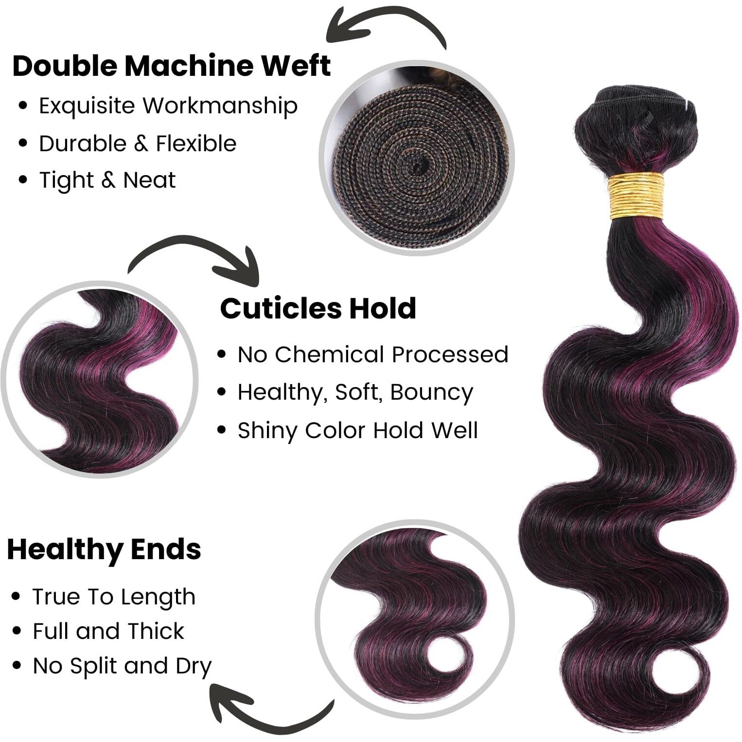 Alher Black Mix Purple Burgundy Highlight Bundles Human Hair Body Wave, 12A Soft Thick 3 Bundles Wavy Human Hair, 100% Remy Hair Midnight Purple Highlight Two Tone Colored(1B/Purple, 12 14 16 Inch)