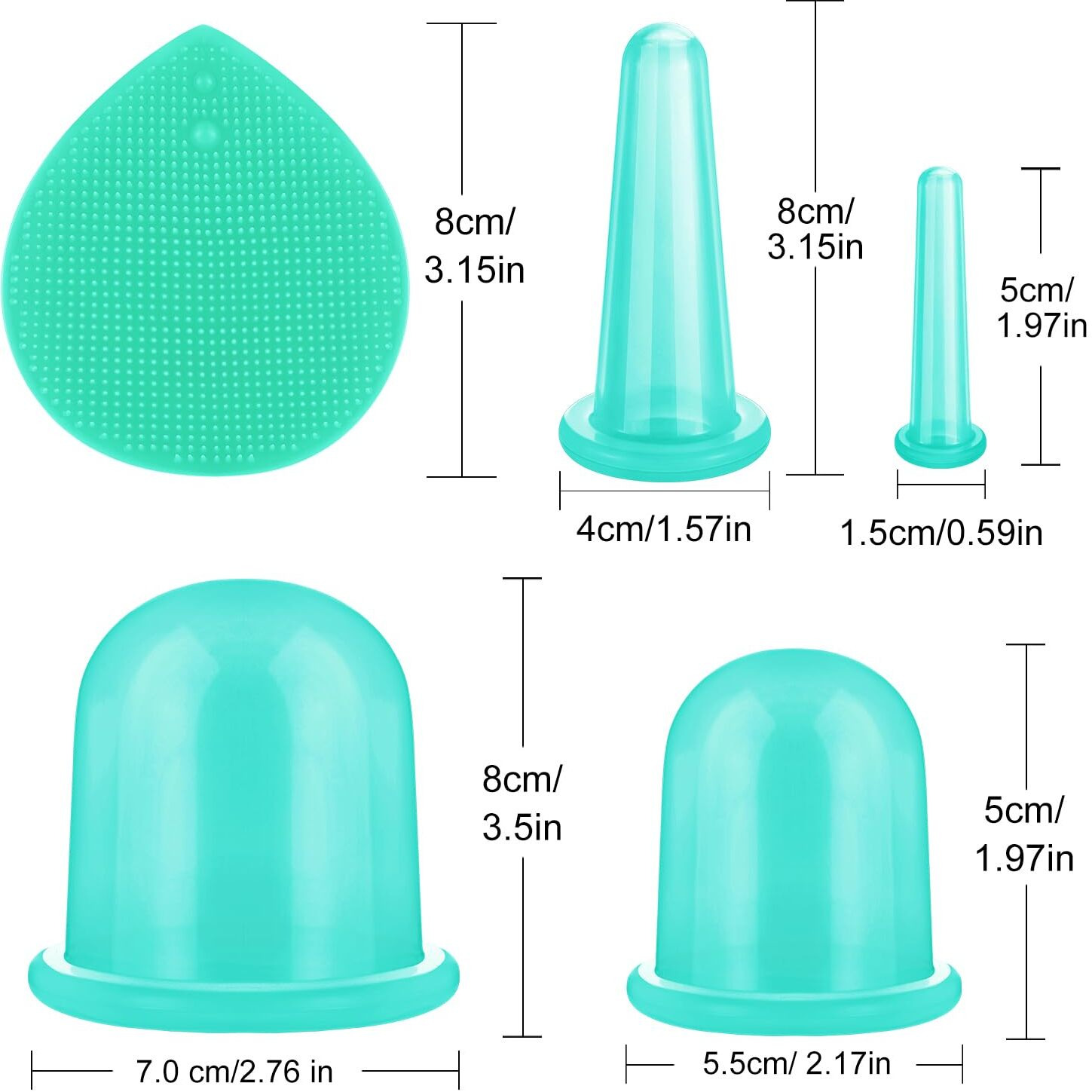 Bbto Silicone Facial Cupping Set, Vacuum Massage Cup Kit For Body, Face, Neck, Back, And Eye, 6 Cups And Exfoliating Brush (Mint Green)
