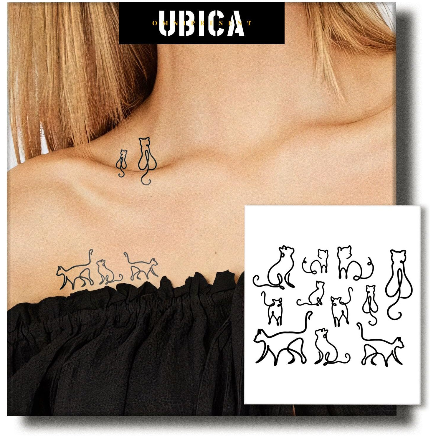 Ubica Semi Permanent Tattoos For Women, 2 Sheets Small Temporary Fake Tattoo Line Cat, Lasts 7-15 Days Water-Resistant, Realistic Design For Collarbone, Non-Reflective Body Art Stickers
