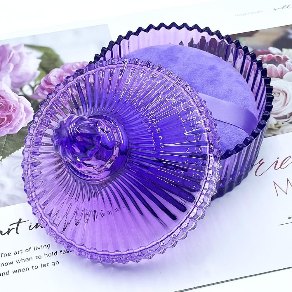 2 Pack Extra Large 5.2"" Beige & Purple Powder Puffs And 5.3"" Glass Container - Oversized Soft Body & Face Large Powder Puff Dusting Powder Jar Holder Case(Purple Glass)