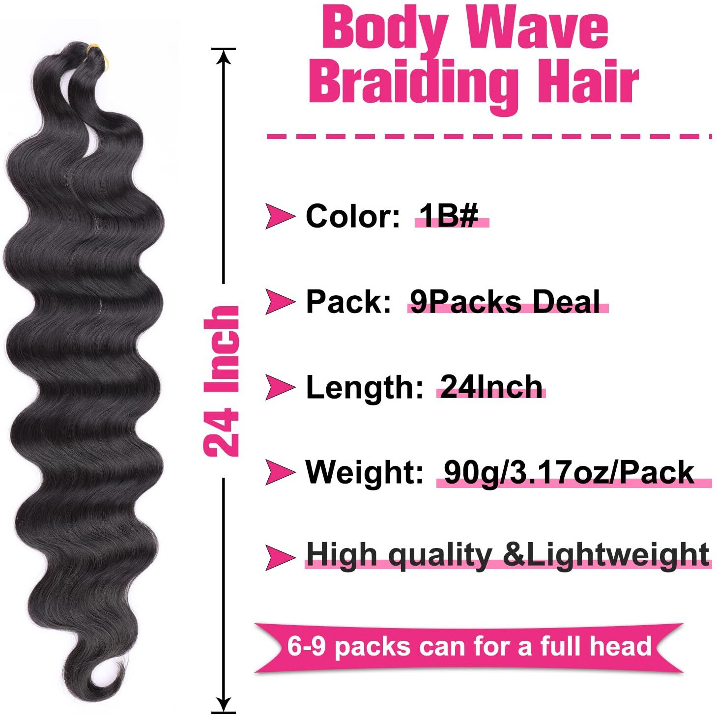 Unionbeauty Body Wave Braiding Hair 24 Inch 9 Pack Pre-Feathered Braiding Hair Black Boho Box Braids For Goddess Box Braids Hair Deep Wave Crochet Hair Synthetic Hair Extension Crochet Braids (1B)