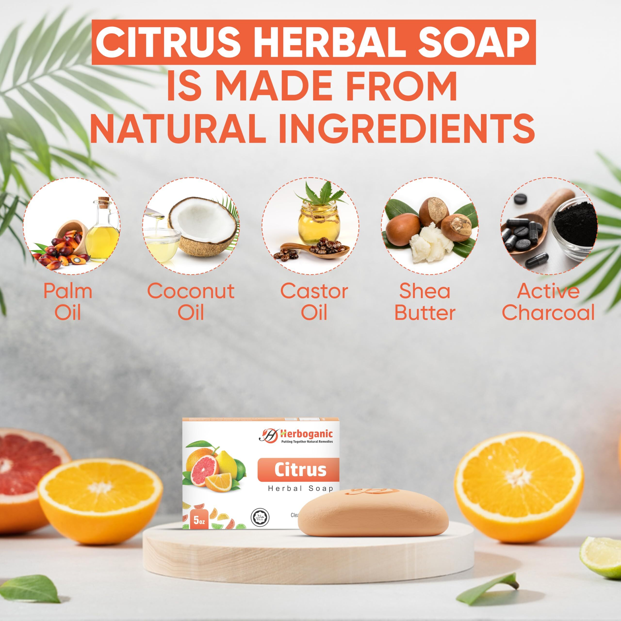 Herboganic Citrus Herbal Soap | Pack Of 3 Of 5Oz Soap Bar | Natural Bar Soap For Face And Body | Hydrating And Nourishing | Suitable For Men And Women
