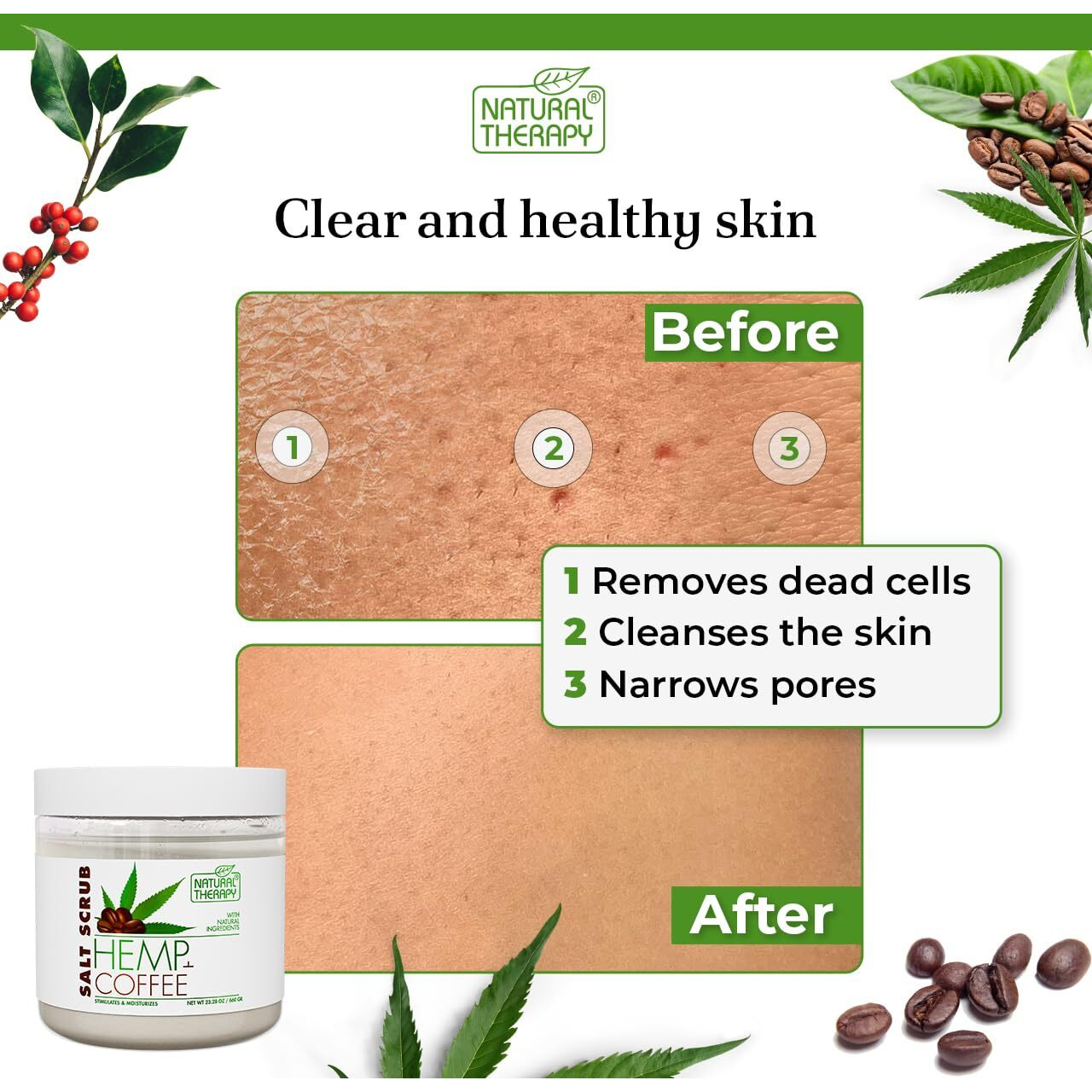 Natural Therapy Hemp & Coffee Salt Scrub - Exfoliating Body Scrub For Women - Moisturizing And Nourishing Skin - With Pure Oils And Dead Sea Minerals (23.28 Oz)
