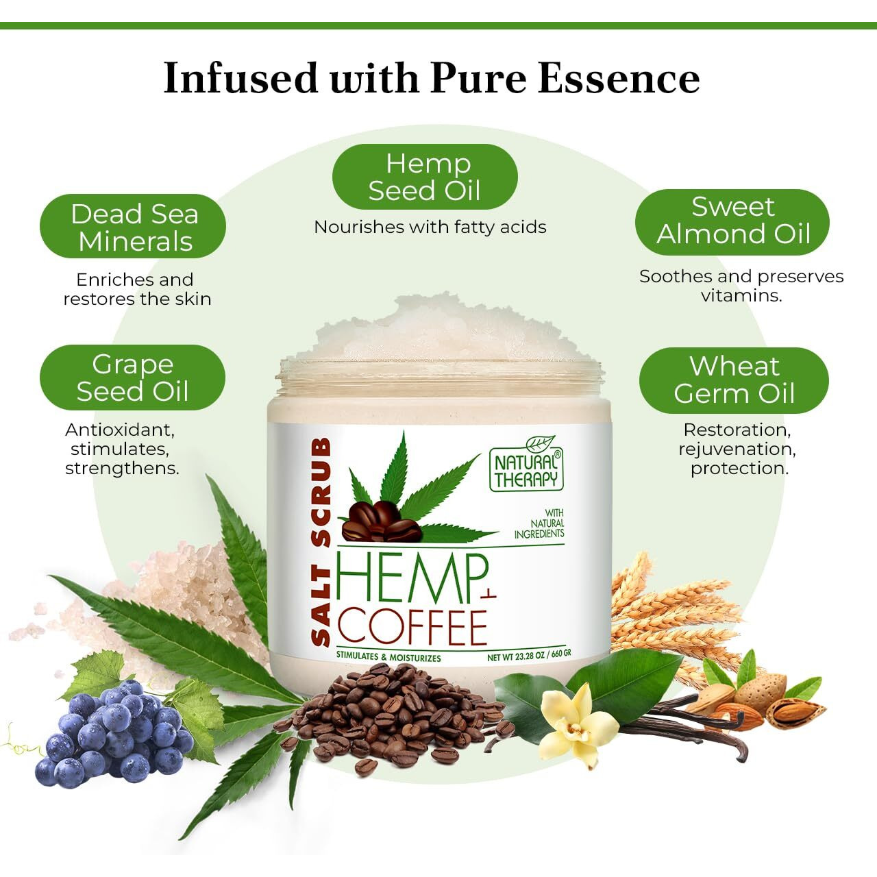 Natural Therapy Hemp & Coffee Salt Scrub - Exfoliating Body Scrub For Women - Moisturizing And Nourishing Skin - With Pure Oils And Dead Sea Minerals (23.28 Oz)