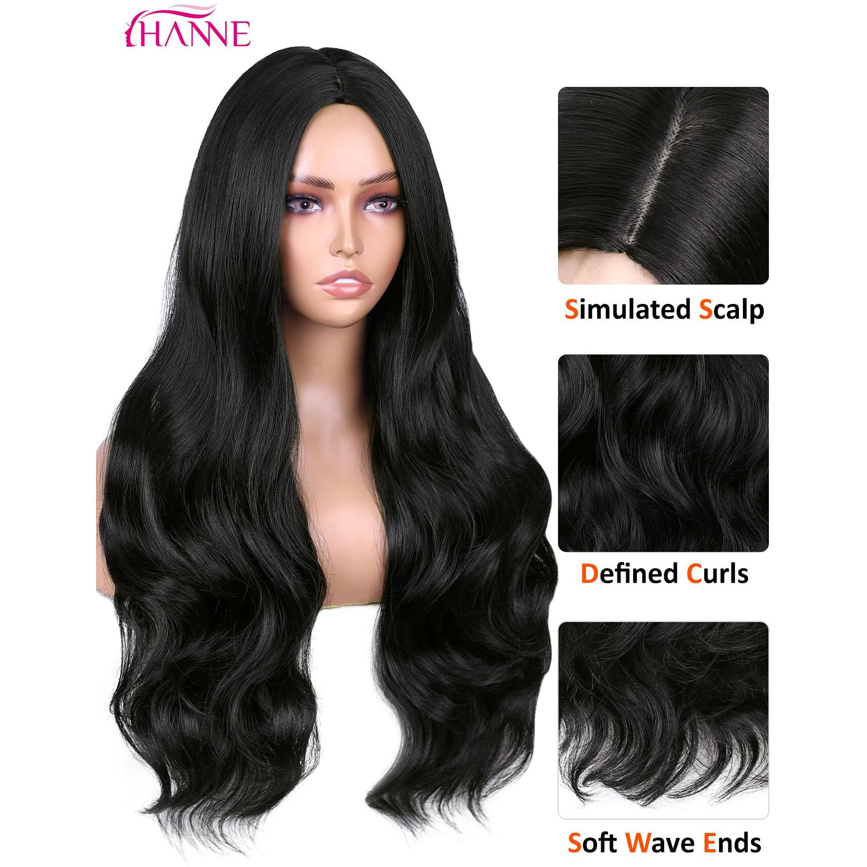 Hanne Long Black Wig For Women 26 Inch Synthetic Wig Heat Resistant Long Body Wavy Black Wigs For Women (Natural Black)