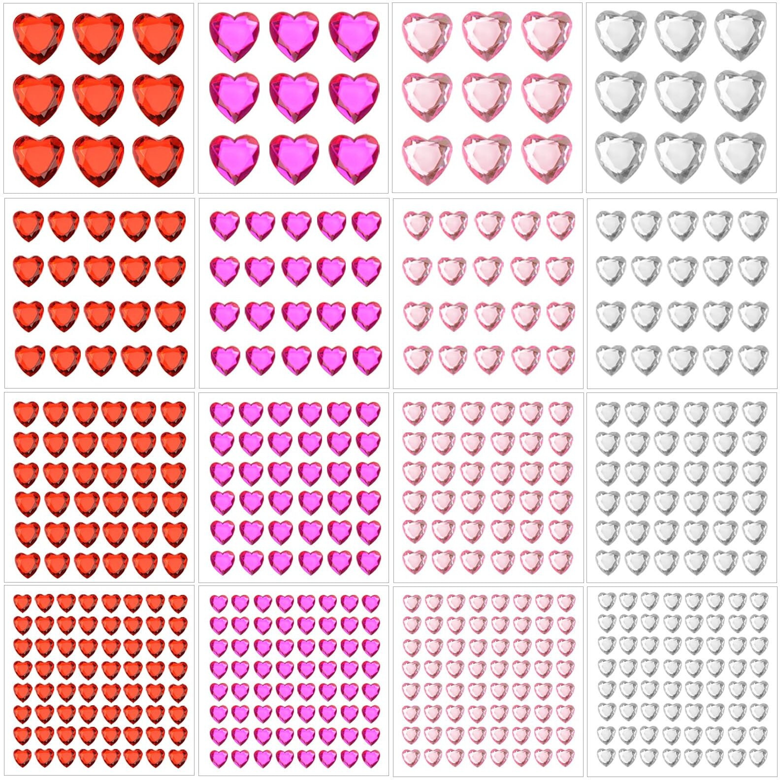 516Pcs Heart Face Gems Pink Heart Rhinestones Self Adhesive Acrylic Heart Jewels For Hair Body Bling Crystal Heart Stickers For Wedding Festival Dating Decoration Diy Craft (6/10/12/18Mm)