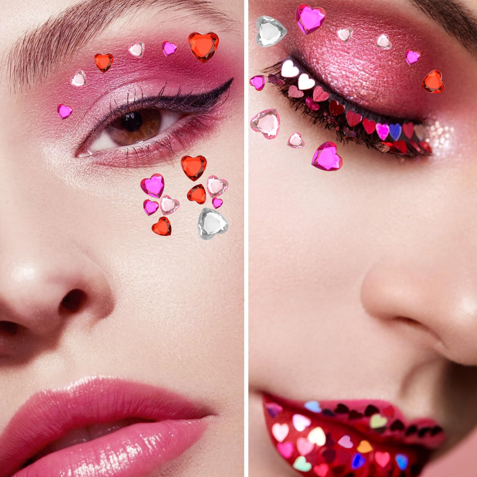 516Pcs Heart Face Gems Pink Heart Rhinestones Self Adhesive Acrylic Heart Jewels For Hair Body Bling Crystal Heart Stickers For Wedding Festival Dating Decoration Diy Craft (6/10/12/18Mm)