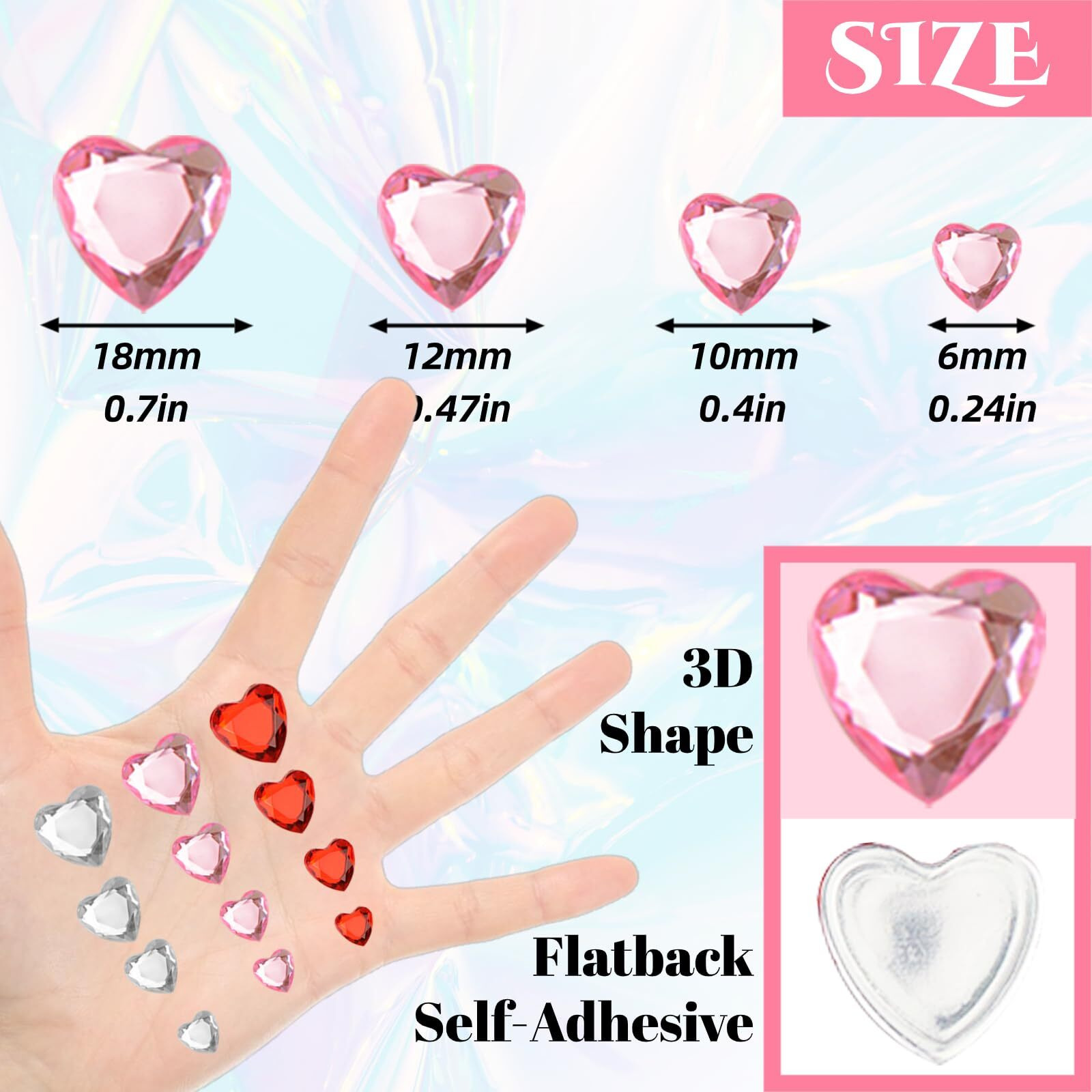 516Pcs Heart Face Gems Pink Heart Rhinestones Self Adhesive Acrylic Heart Jewels For Hair Body Bling Crystal Heart Stickers For Wedding Festival Dating Decoration Diy Craft (6/10/12/18Mm)