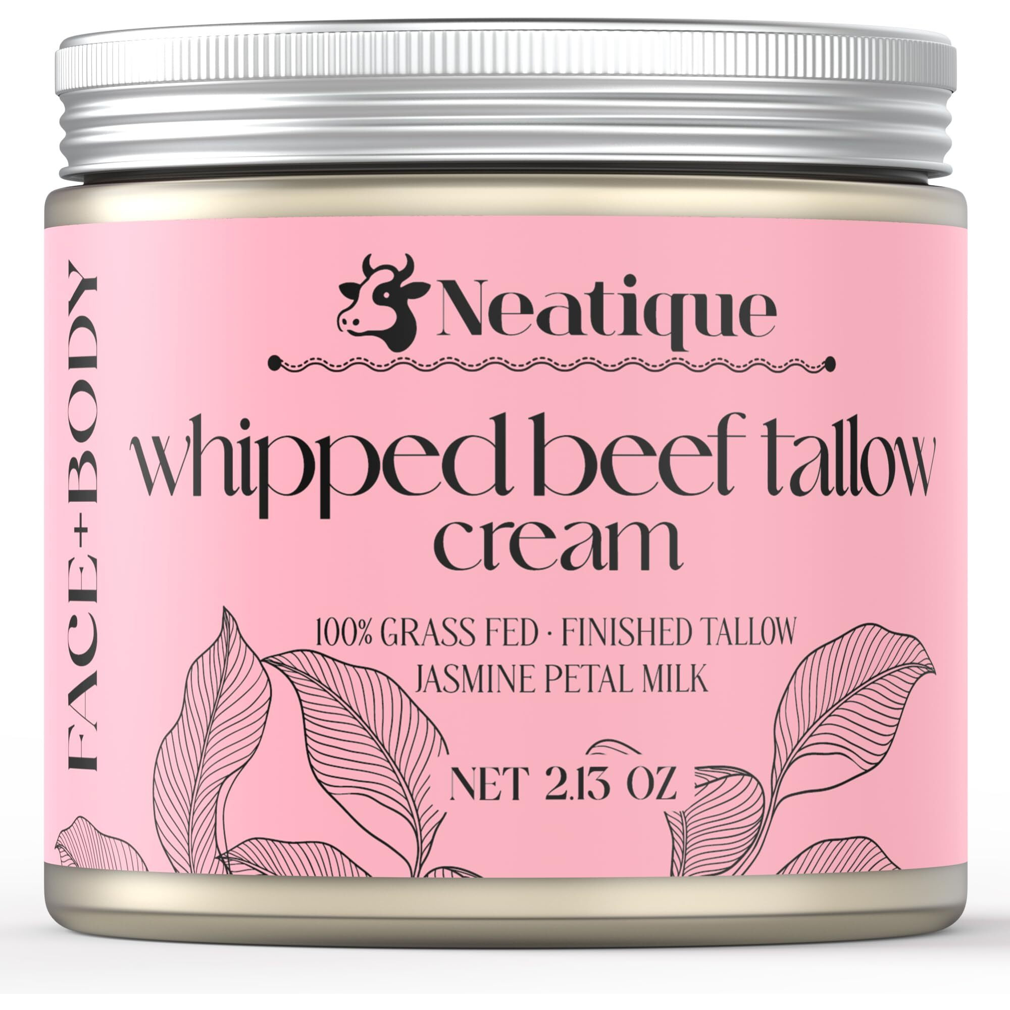 Neatique 100% Grass Fed Beef Tallow For Skin Care Face & Body | Whipped Moisturizer For Skin | With Organic Beeswax & Organic Honey Balm | All Natural Formula, 2.13Oz (Jasmine)