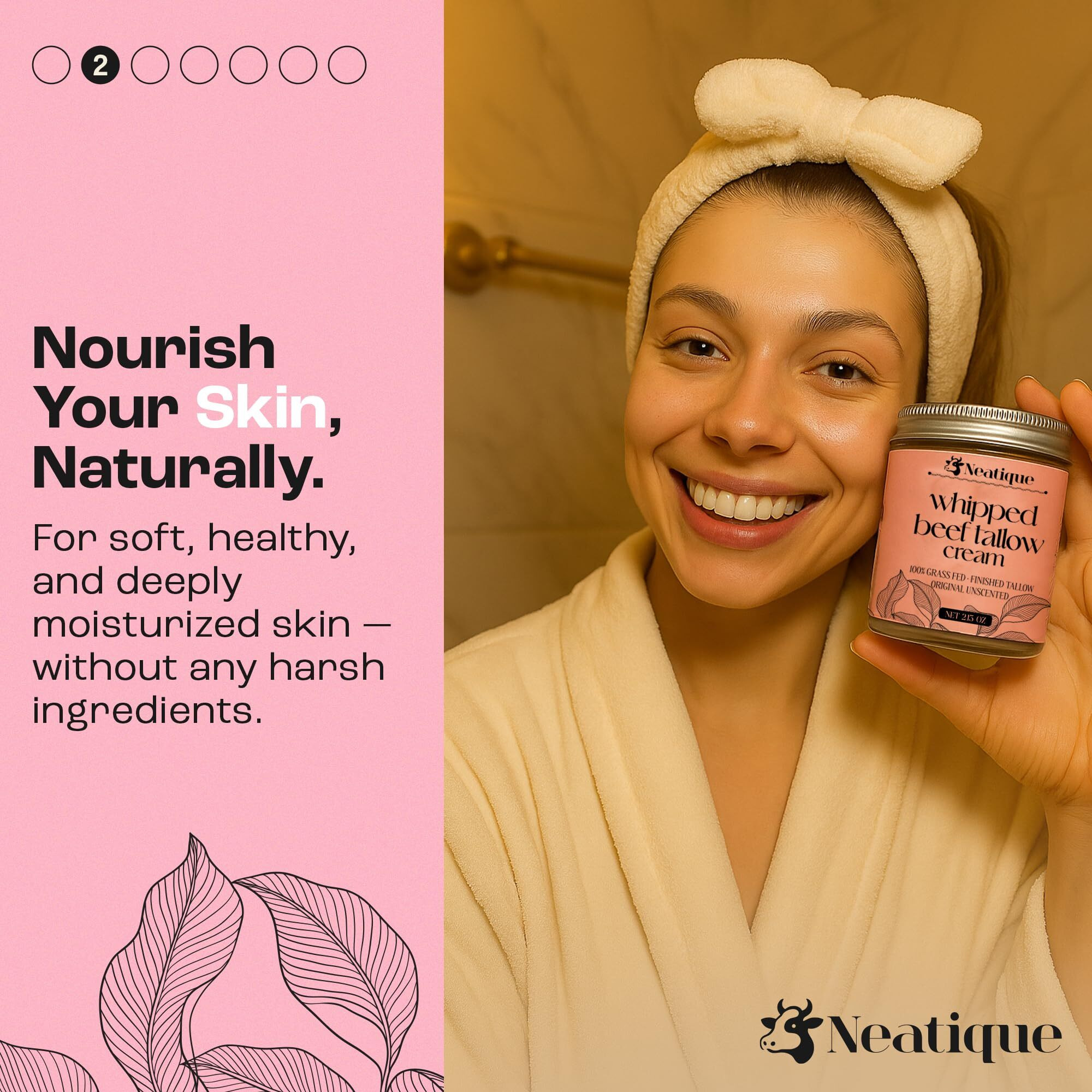Neatique 100% Grass Fed Beef Tallow For Skin Care Face & Body | Whipped Moisturizer For Skin | With Organic Beeswax & Organic Honey Balm | All Natural Formula, 2.13Oz (Jasmine)