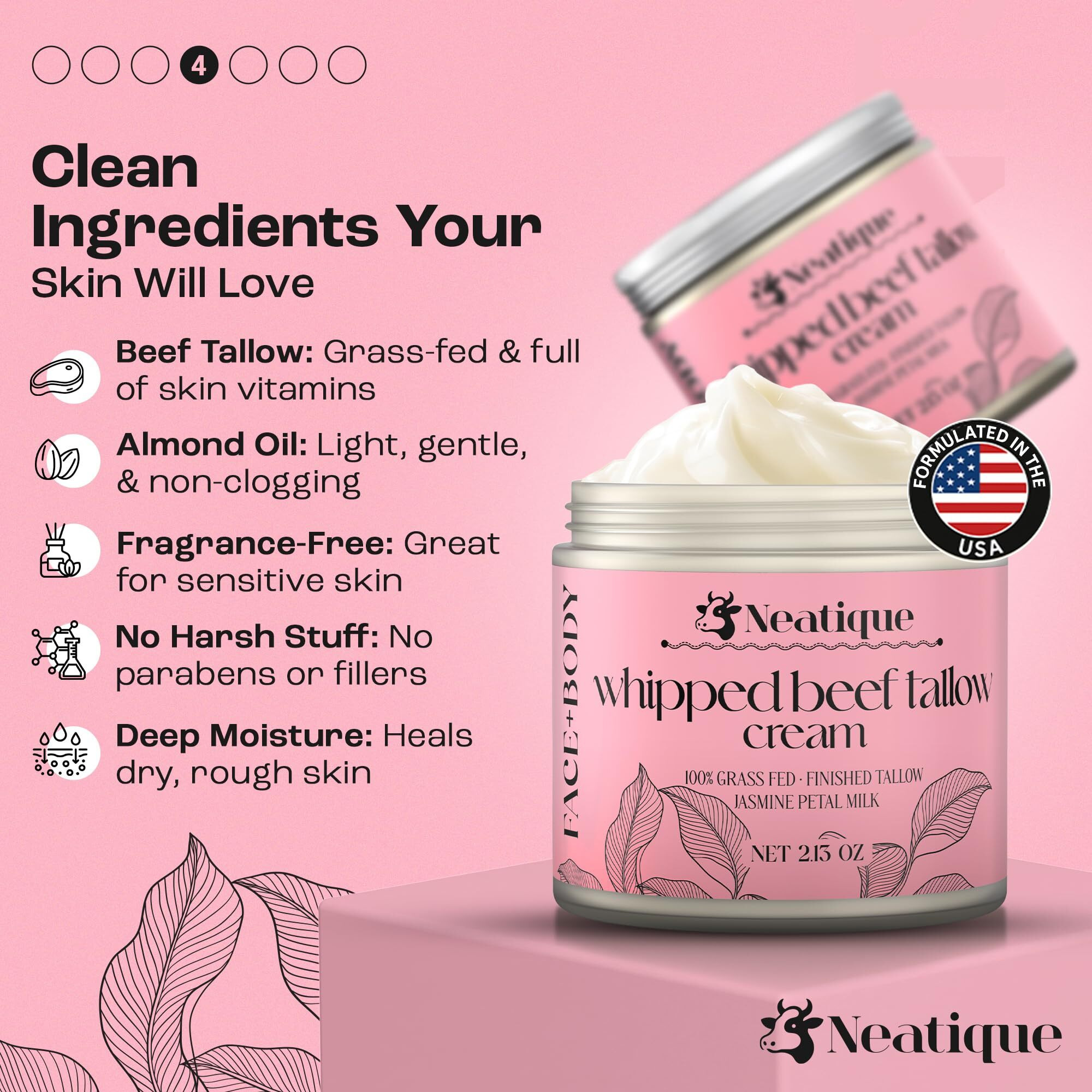 Neatique 100% Grass Fed Beef Tallow For Skin Care Face & Body | Whipped Moisturizer For Skin | With Organic Beeswax & Organic Honey Balm | All Natural Formula, 2.13Oz (Jasmine)