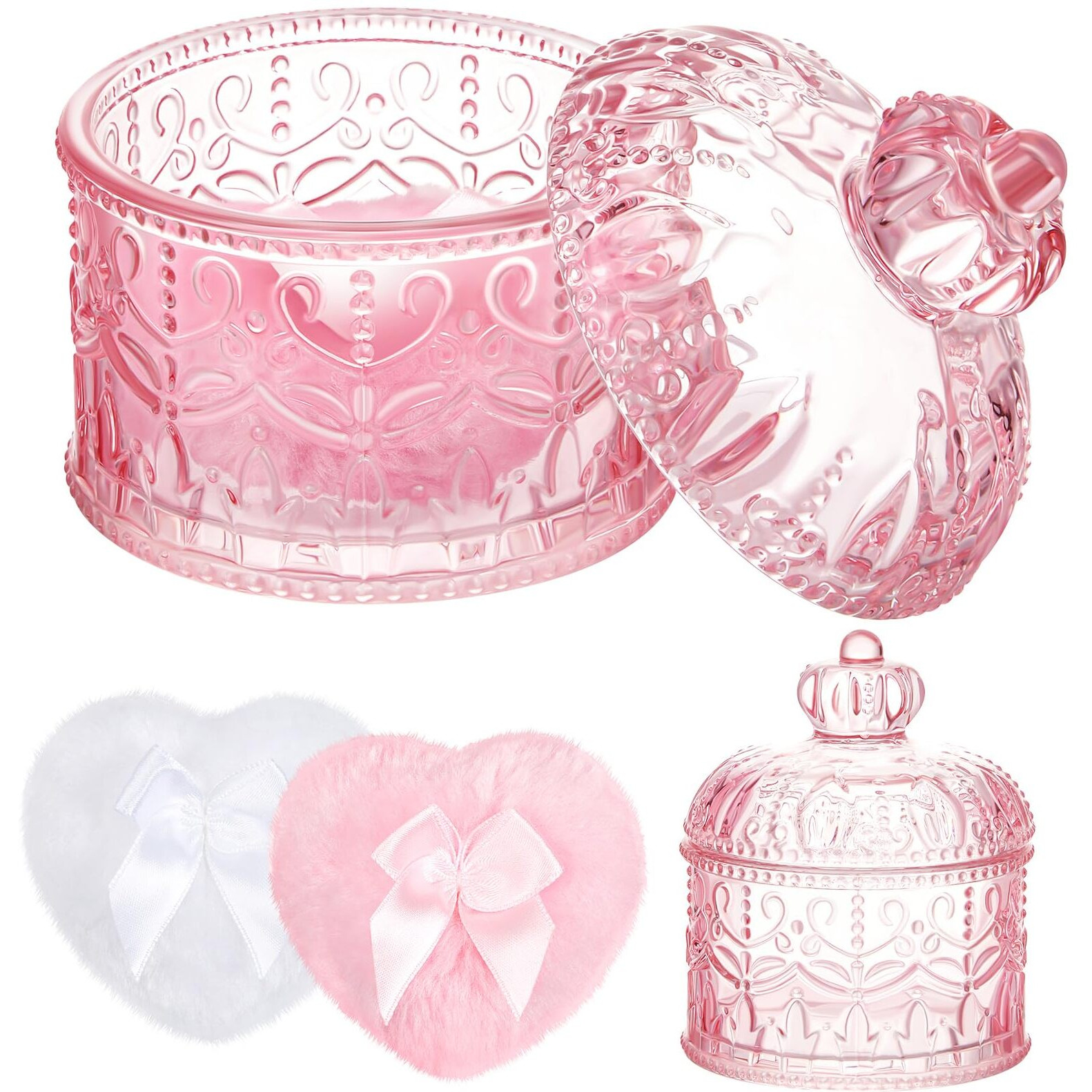 Tioncy 3 Pcs Large Body Powder Puff And Container Powder Container With Puff Powder Puff Crystal Container Soft Washable Reusable Velour Face Body Glitter Powder Puff Wet Dry Makeup(Pink, Crown)