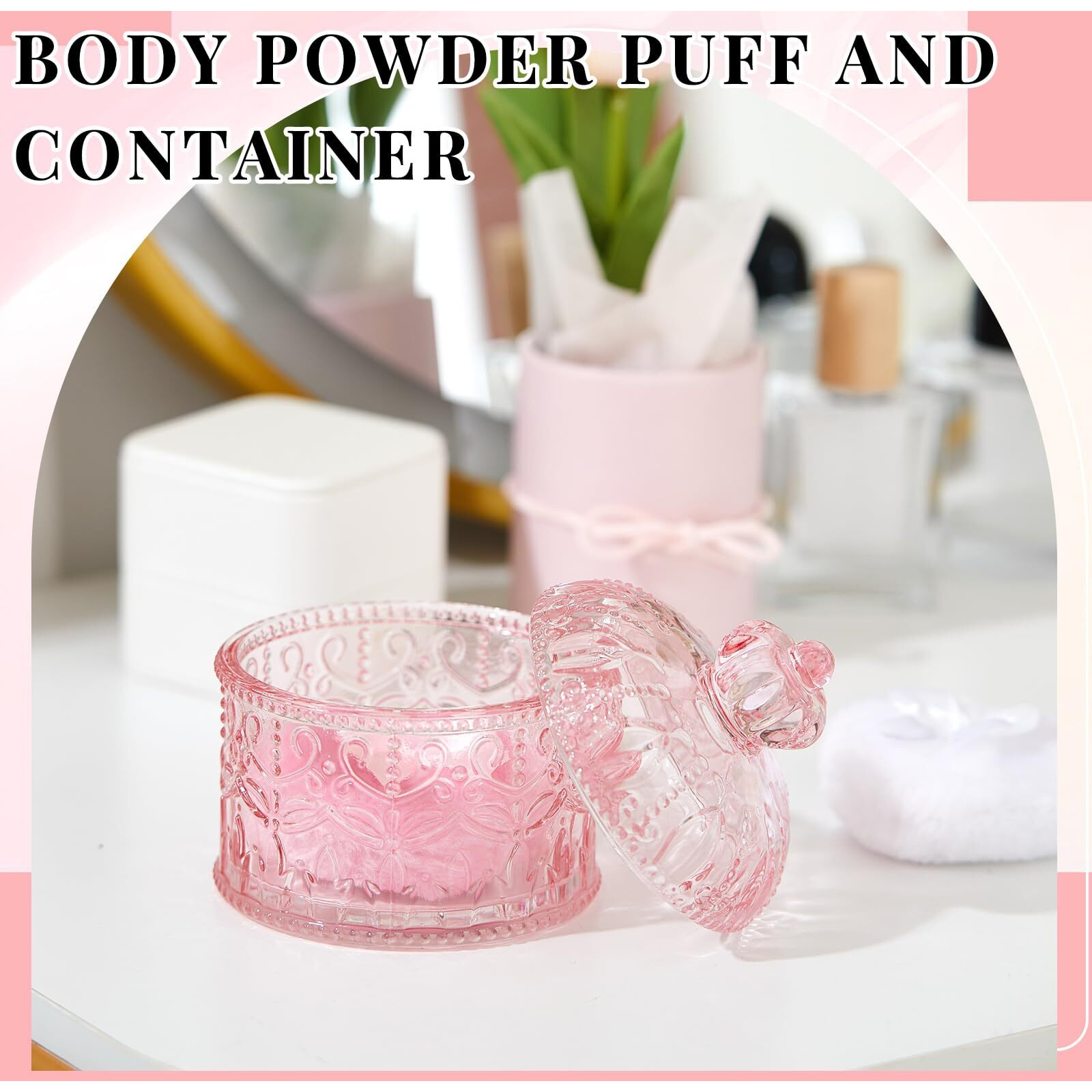 Tioncy 3 Pcs Large Body Powder Puff And Container Powder Container With Puff Powder Puff Crystal Container Soft Washable Reusable Velour Face Body Glitter Powder Puff Wet Dry Makeup(Pink, Crown)