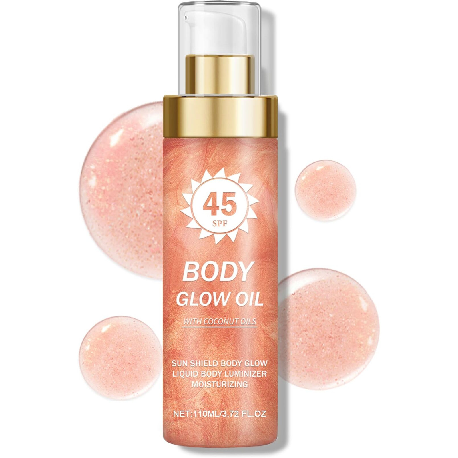 Aoazxbb Body Glow Oil,Spf 45 Broad Spectrum,Shimmer Sunscreen Body Oil With Rose Gold Mica, Moisturizing Coconut,Lightweight Non-Sticky,Radiant Glow, 3.72 Fl Oz, Rose