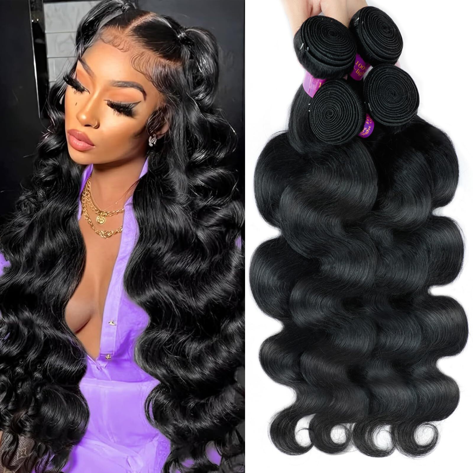Body Wave Bundles Human Hair 24 26 28 30 Inch 4 Bundles12A Human Hair Bundles100% Unprocessed Brazilian Virgin Hair Quick Weave Extensions Natural Black