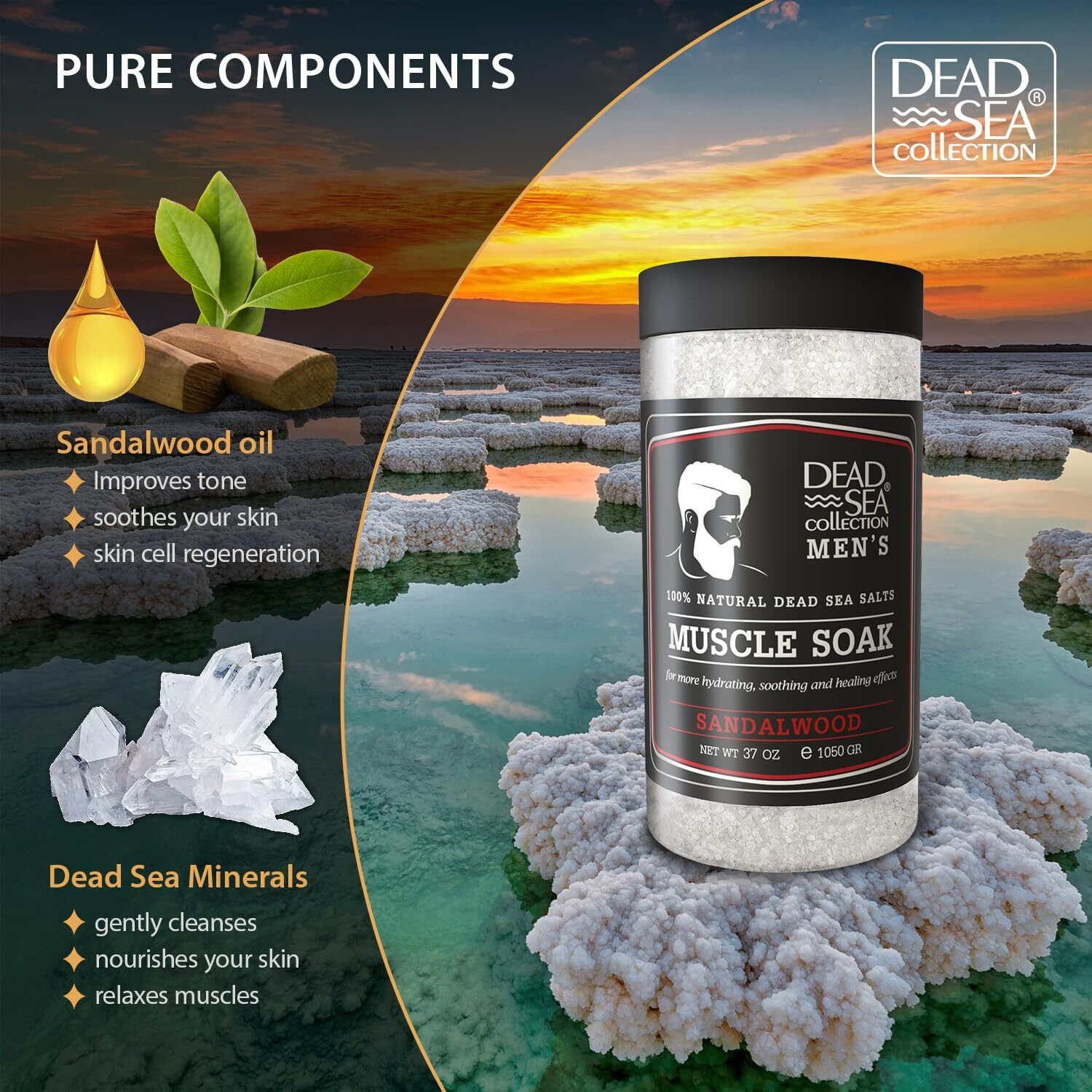 Dead Sea Collection Bath Salts For Men With Sandalwood Oil - Muscle Recovery Bath Soak - Mens Pure Dead Sea Salt For Soothing And Relaxing - 37 Oz